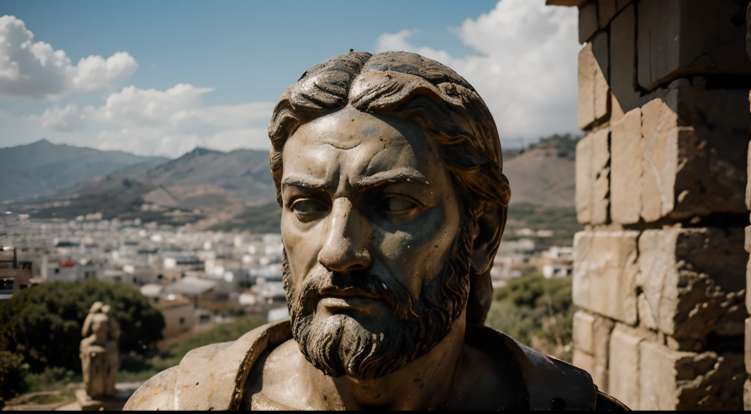 Ancient Stoic Statue With Very Angry Expression, tem barba, muitos detalhes em ambos os olhos, Outside, fundo atenas grego, open sky, com rosto extremamente detalhado full body view, Colors with low saturation with dark tone, Filmado em Sony A7S III com Sony FE 35mm f/1.8, 12.1 MP, --AR 3:2 --estilo cru