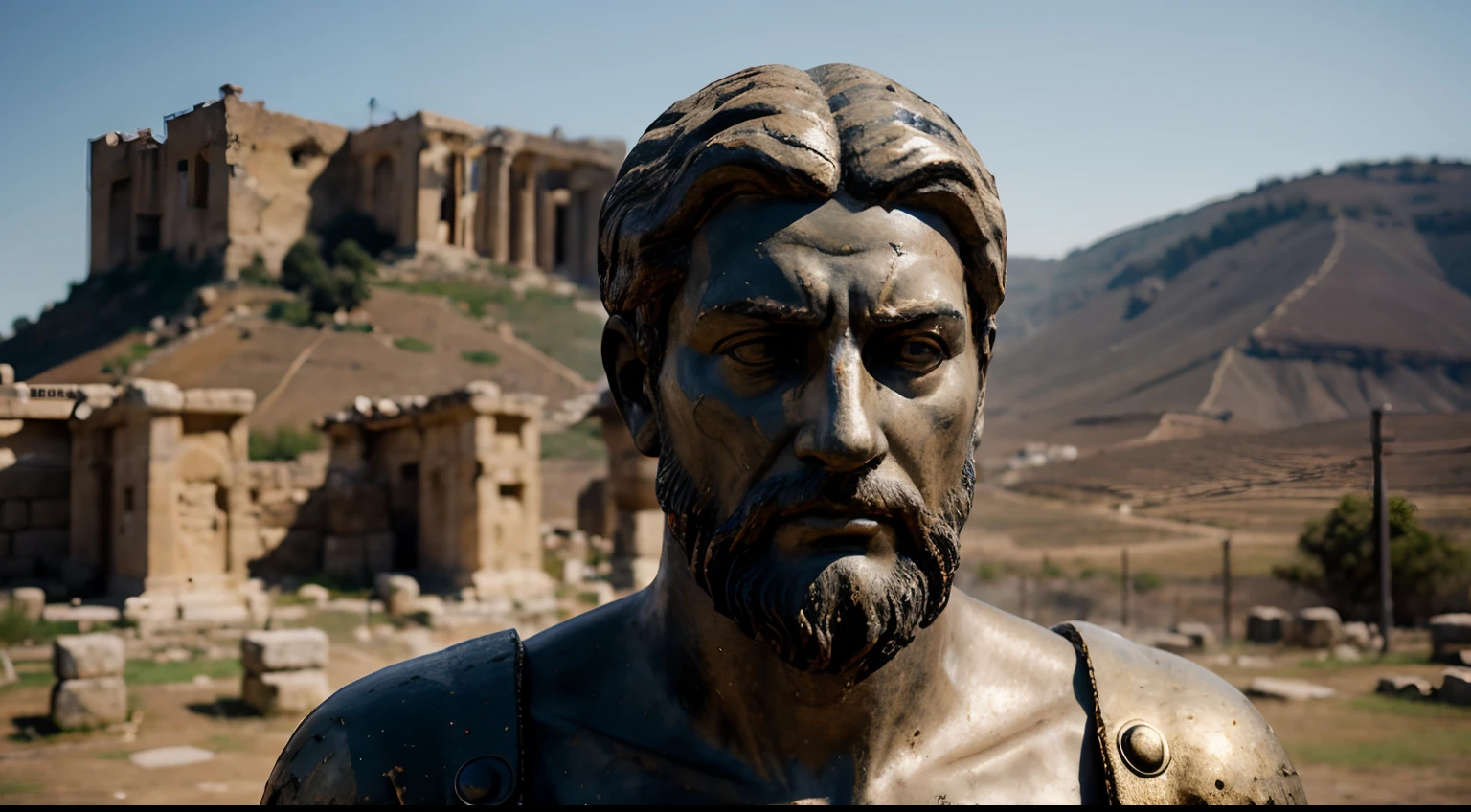 Ancient Stoic Statue With Very Angry Expression, tem barba, muitos detalhes em ambos os olhos, Outside, fundo atenas grego, open sky, com rosto extremamente detalhado full body view, Colors with low saturation with dark tone, Filmado em Sony A7S III com Sony FE 35mm f/1.8, 12.1 MP, --AR 3:2 --estilo cru