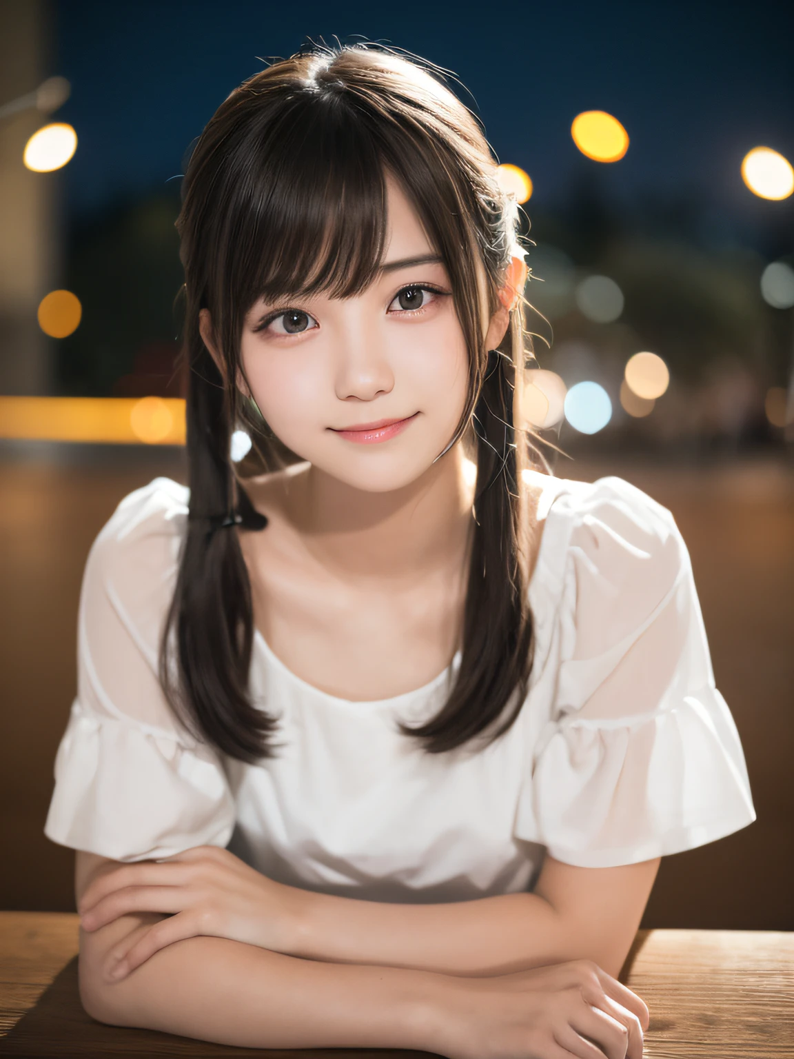 masutepiece, Best Quality, 8K, 15yo student, Teen, Raw photo, absurderes, award winning portrait, Solo, Night, neons, Idol face, violaceaess, gardeniass, Delicate girl, Upper body, Digital SLR, Looking at Viewer, Candid, Sophisticated, zora々Right, Smile, Thin arms, Professional Lighting, Film grain, chromatic abberation, (Eyes and faces with detailed:1.0), (Bokeh:1.1),Twintail hairstyles,