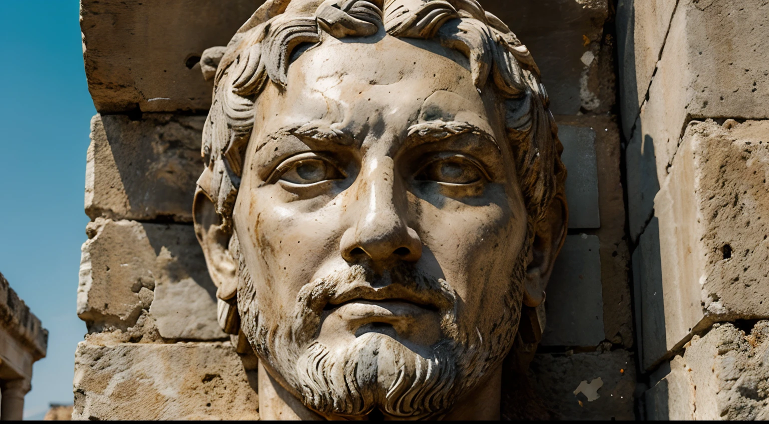 Ancient Stoic Statue With Very Angry Expression, tem barba, muitos detalhes em ambos os olhos, Outside, fundo atenas grego, open sky, com rosto extremamente detalhado full body view, Colors with low saturation with dark tone, Filmado em Sony A7S III com Sony FE 35mm f/1.8, 12.1 MP, --AR 3:2 --estilo cru