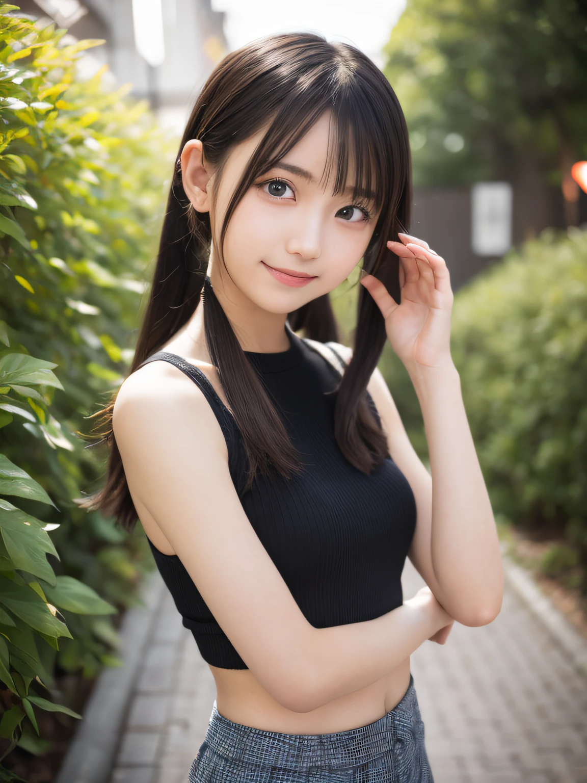 (BEST QUALITY, MASTER PIECE, ULTRA HIGH RESOLUTION, (PHOTOREALISTIC:1.4), RAW PHOTO), 1girl, 16-years-old, (upturned ass, beautiful and small buttocks), (amazingly Cute face, very cute smile, Black hair),wearing poro shirts and pleated mini  skirt,  sunny Outdoors, Stand and pose romantically