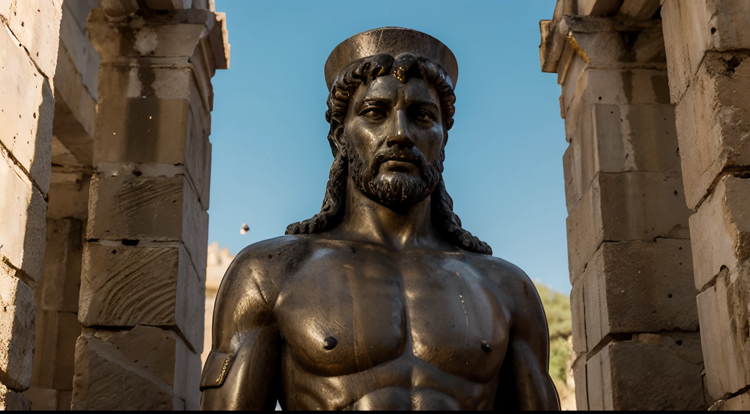 Ancient Stoic Statue With Very Angry Expression, tem barba, muitos detalhes em ambos os olhos, Outside, fundo atenas grego, open sky, com rosto extremamente detalhado full body view, Colors with low saturation with dark tone, Filmado em Sony A7S III com Sony FE 35mm f/1.8, 12.1 MP, --AR 3:2 --estilo cru