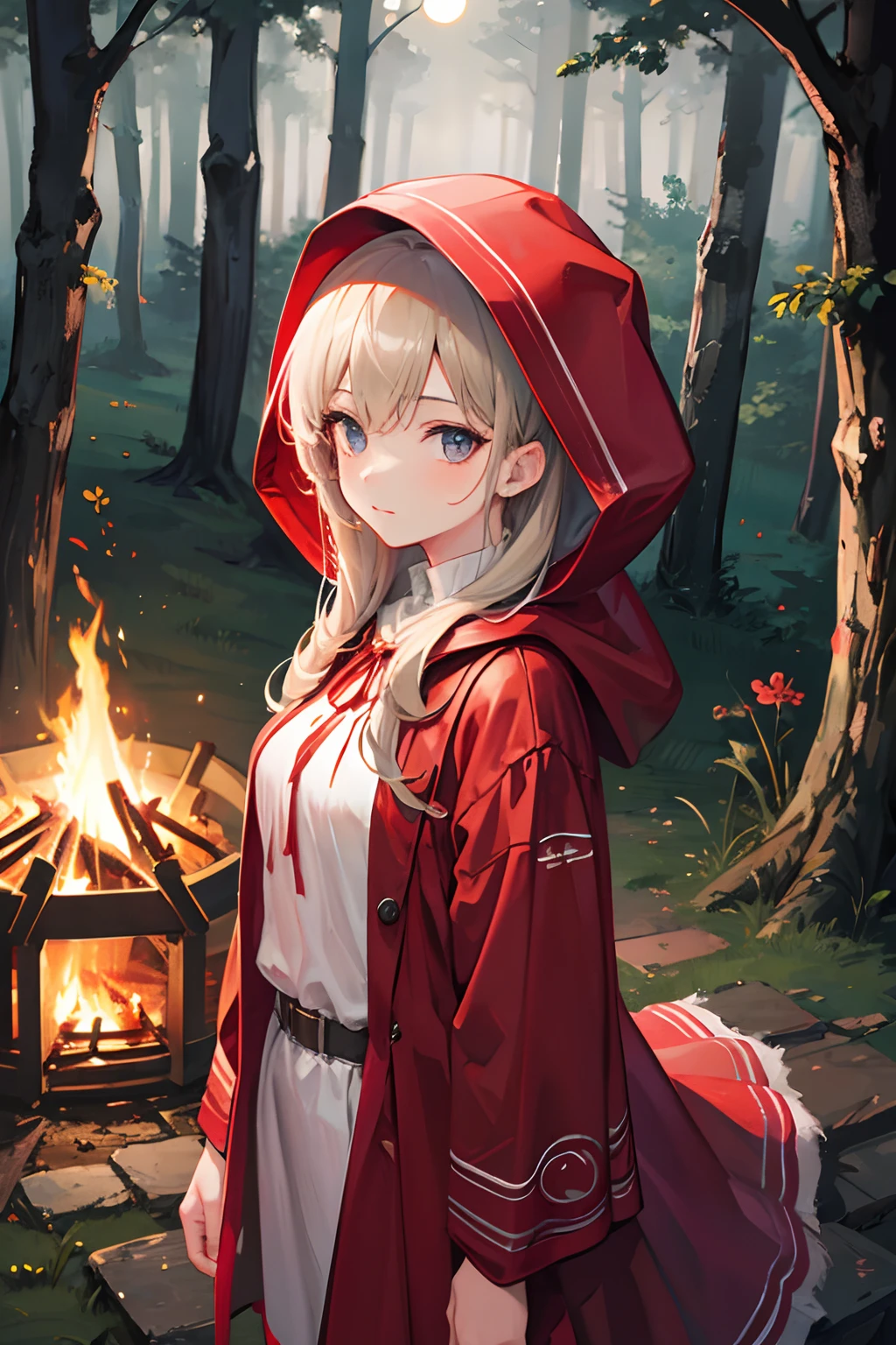 girl, red ridding hood, looking at the viewer, forest background, night time, bonfire