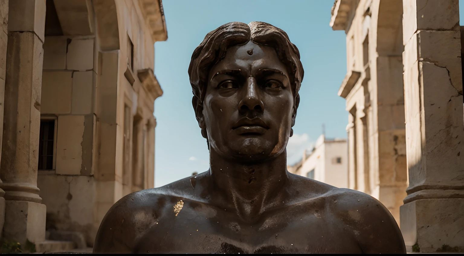 Ancient Stoic Statue With Very Angry Expression, tem barba, muitos detalhes em ambos os olhos, Outside, fundo atenas grego, open sky, com rosto extremamente detalhado full body view, Colors with low saturation with dark tone, Filmado em Sony A7S III com Sony FE 35mm f/1.8, 12.1 MP, --AR 3:2 --estilo cru