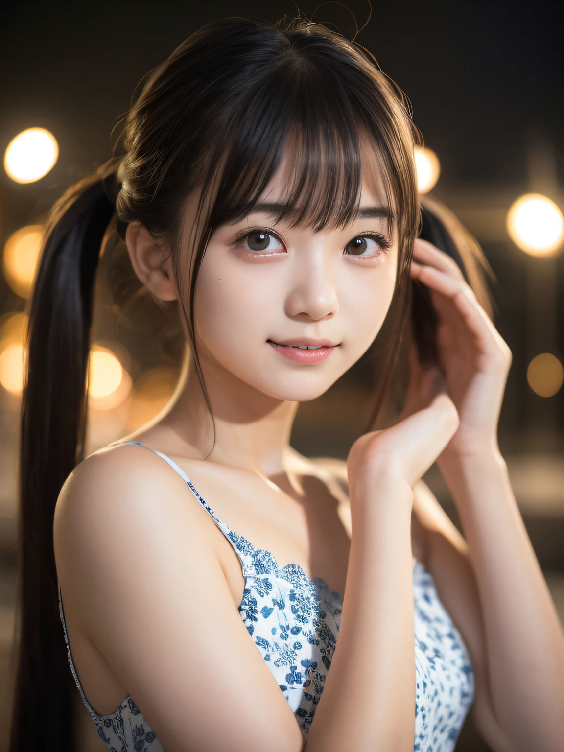 highest quality, Face Focus, Soft Light, Ultra-high resolution, (Realistic:1.4), RAW Photos,
1 Japanese girl, alone, cute, (pupil, Light in your eyes), Beautiful face in every detail, (),(High resolution detail of human skin texture),
(Long Hair),Twin tails、Big ribbon、Raise your hands、
indoor,
topless,From below、
(Portraiture)