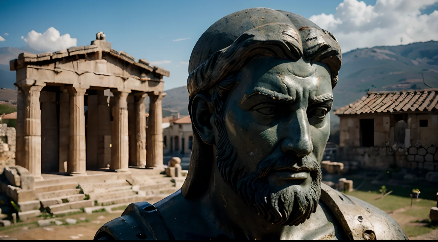 Ancient Stoic Statue With Very Angry Expression, tem barba, muitos detalhes em ambos os olhos, Outside, fundo atenas grego, open sky, com rosto extremamente detalhado full body view, Colors with low saturation with dark tone, Filmado em Sony A7S III com Sony FE 35mm f/1.8, 12.1 MP, --AR 3:2 --estilo cru
