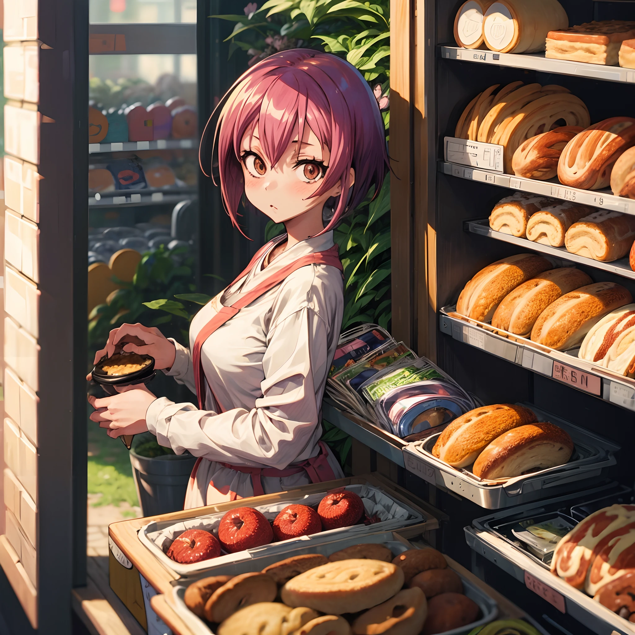 (masutepiece, Best Quality, Extremely detailed:1.5) BREAK 1girl, Solo Focus, Bakery girl in the supermarket