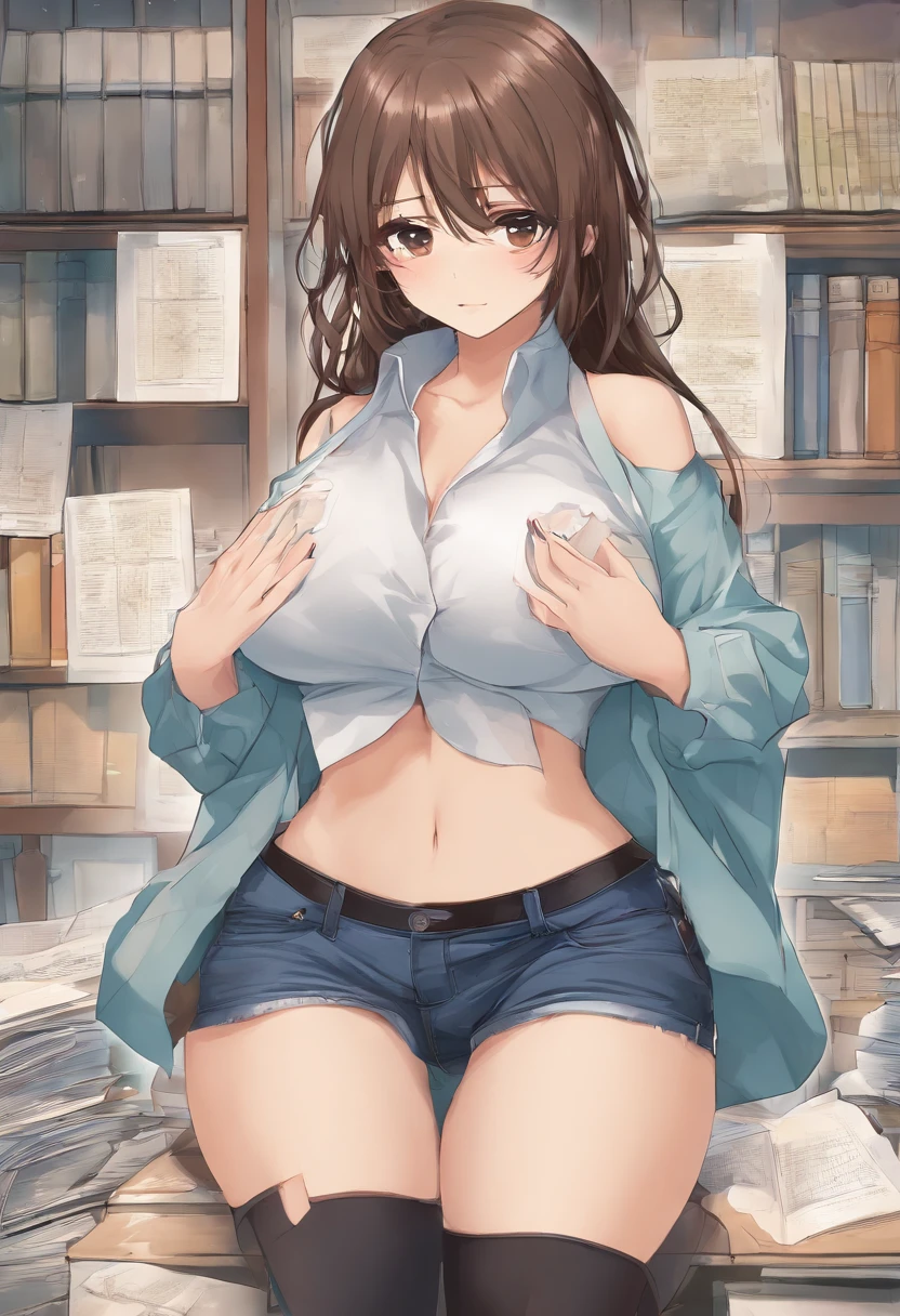 1girl, Long brown hair, (((HUGE boobs))), young, big shirt, very tight ripped jeans, classroom, ((crotch slit)), transparent shirt showing no bra, cinematic lighting, ((no panties)), brown eyes, ((heart-shaped pupils)), (((HUGE ASS))), ass ripping back of jeans