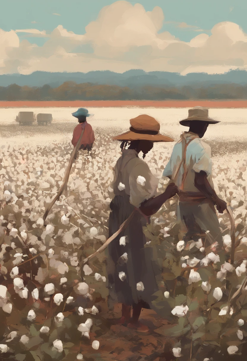 Digital art style, masterpiece, black people, picking cotton in fields