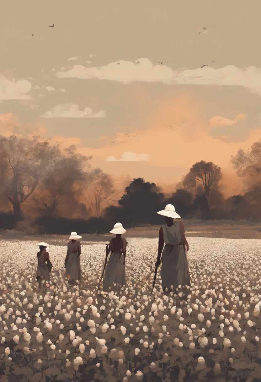 Digital art style, masterpiece, black people, picking cotton in fields