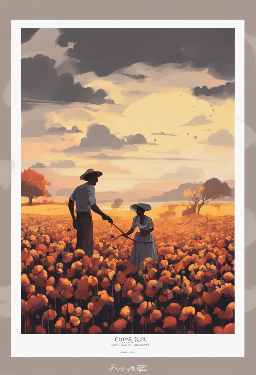 Digital art style, masterpiece, black people, picking cotton in fields