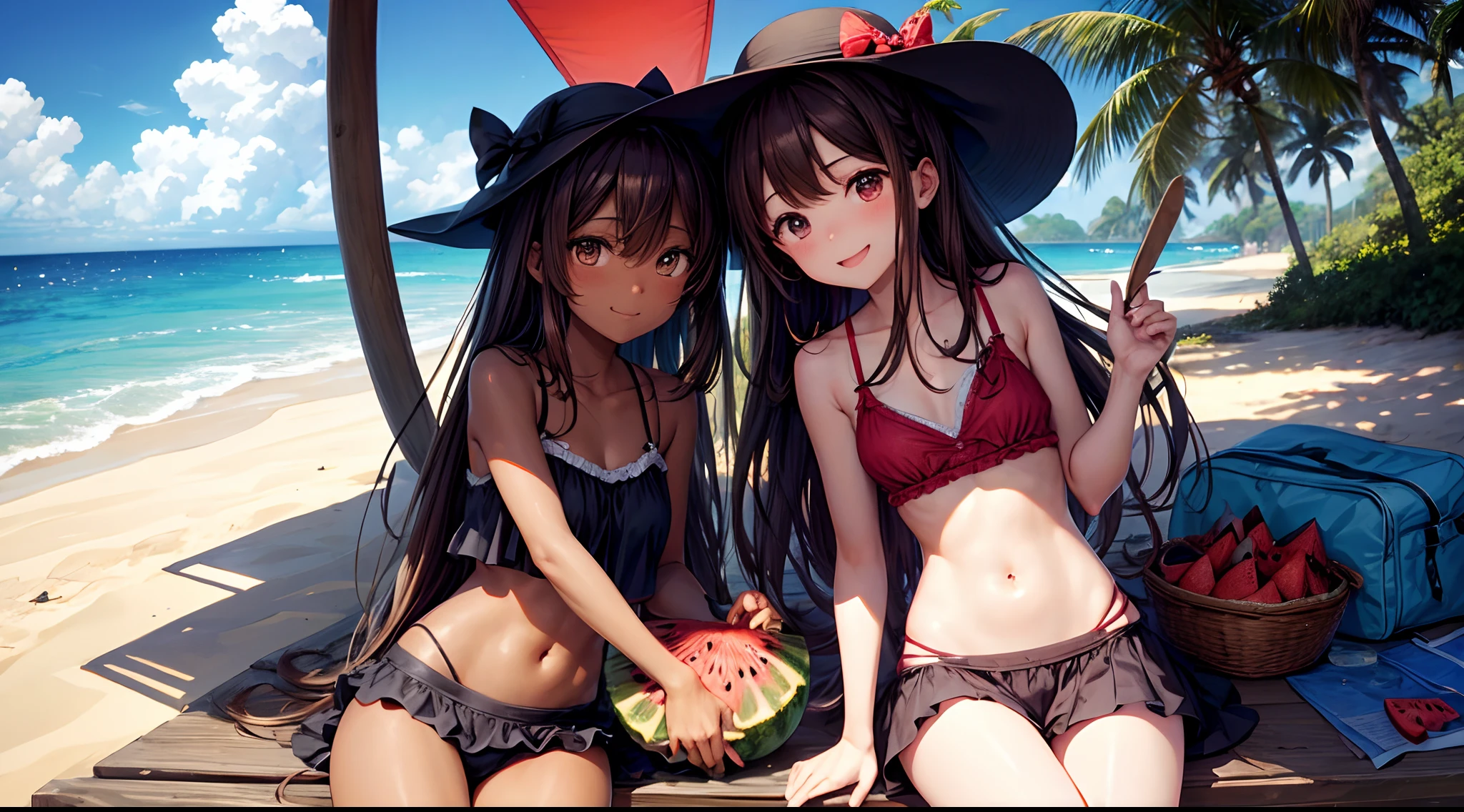 Best quality、Burnt brown skin、camisole、Summer clothing、Pull to the knee、Hold watermelon in both hands and eat it、Two girls、Very cute、A smile、The clothes are thin、Long、、Brown hair、schools、I want to blush、staring at this、wink、twinkling、Black hat、Kamimei、Navel is visible. Beach by the sea