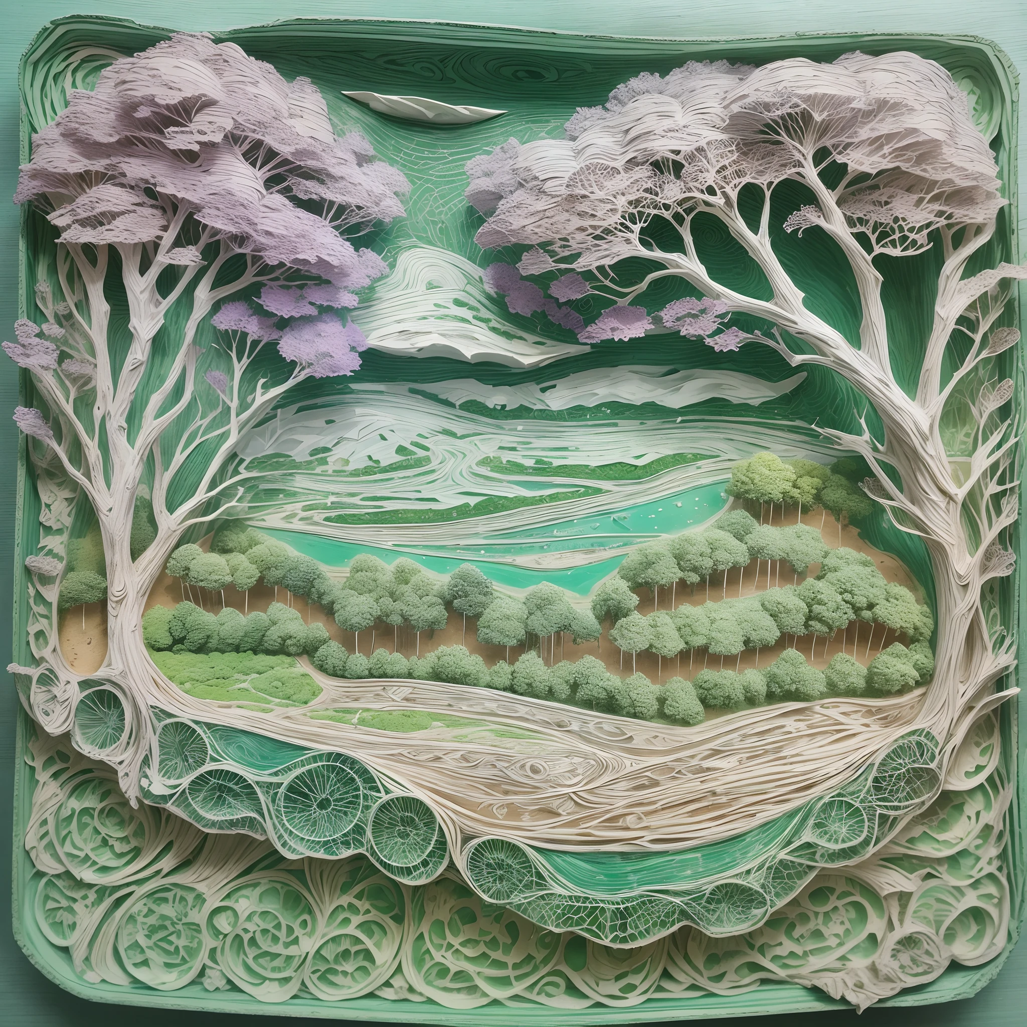 On a plate,(Paper carving):Dream lavender plantation landscape painting