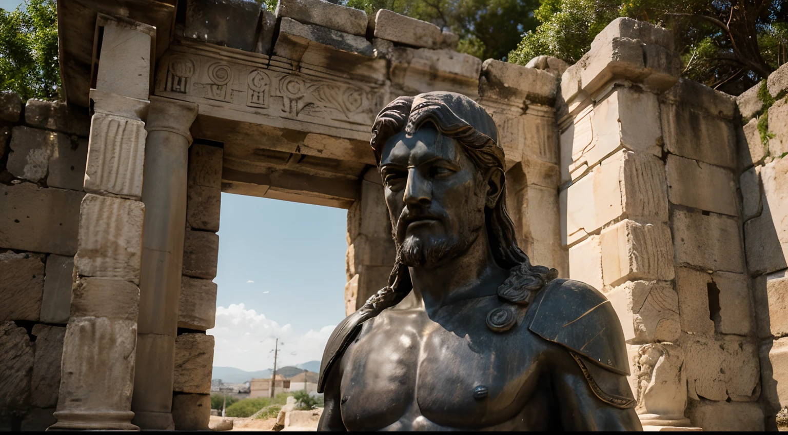 Ancient Stoic Statue With Very Angry Expression, tem barba, muitos detalhes em ambos os olhos, Outside, fundo atenas grego, open sky, com rosto extremamente detalhado full body view, Colors with low saturation with dark tone, Filmado em Sony A7S III com Sony FE 35mm f/1.8, 12.1 MP, --AR 3:2 --estilo cru