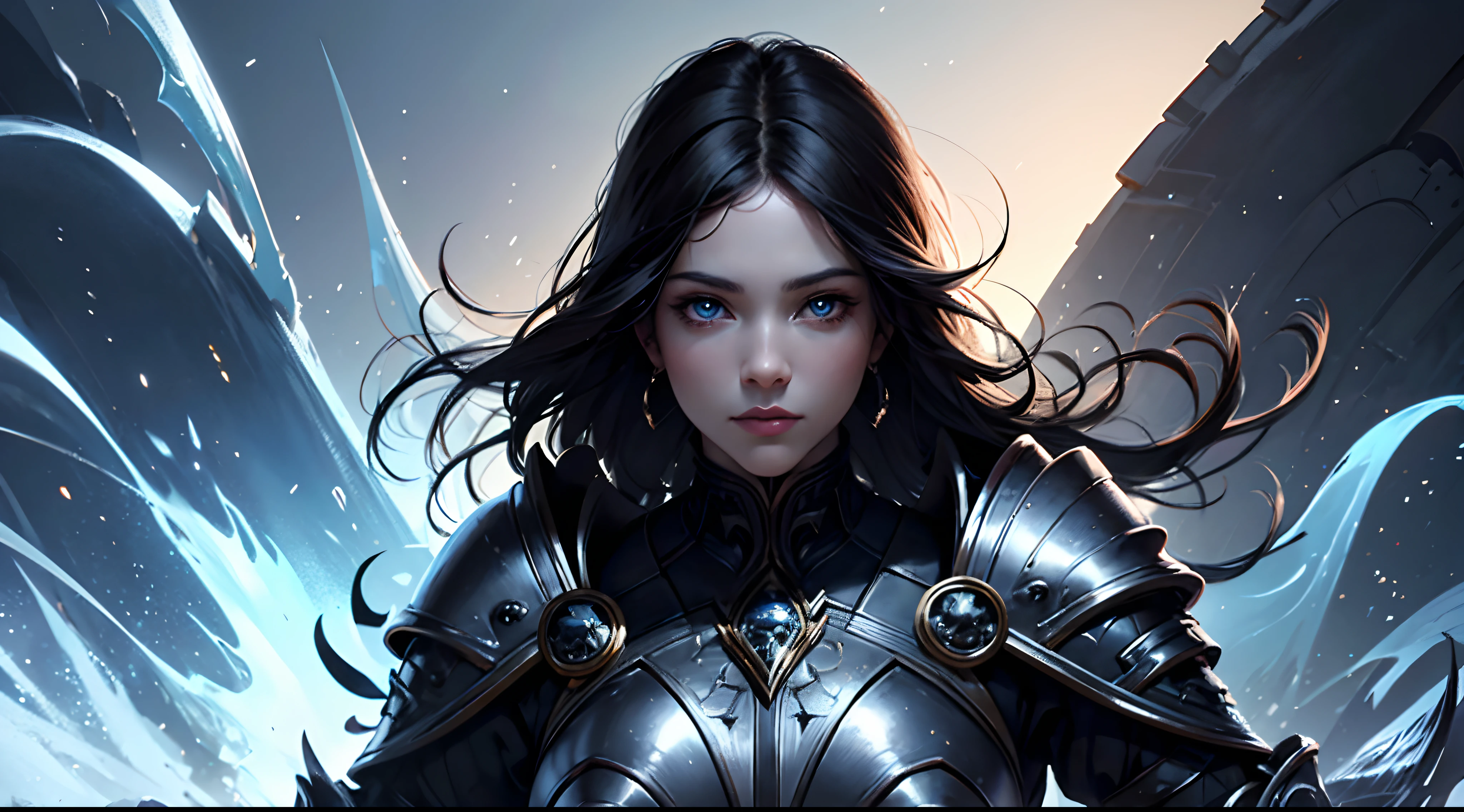 official art, unity 8k wallpaper, ultra detailed, masterpiece, best quality, 1 woman, (extremely detailed), dynamic angle, Mysterious expression, fire sparkle effect, fantasy background, rim lighting, side lighting, cinematic light, ultra high res, 8k uhd, film grain,best shadow, delicate, RAW, light particles, detailed skin texture, detailed armor texture, detailed face, intricate details, ultra detailed, bright,  (realistic), ((black hair)), very glowing blue eyes, curvy