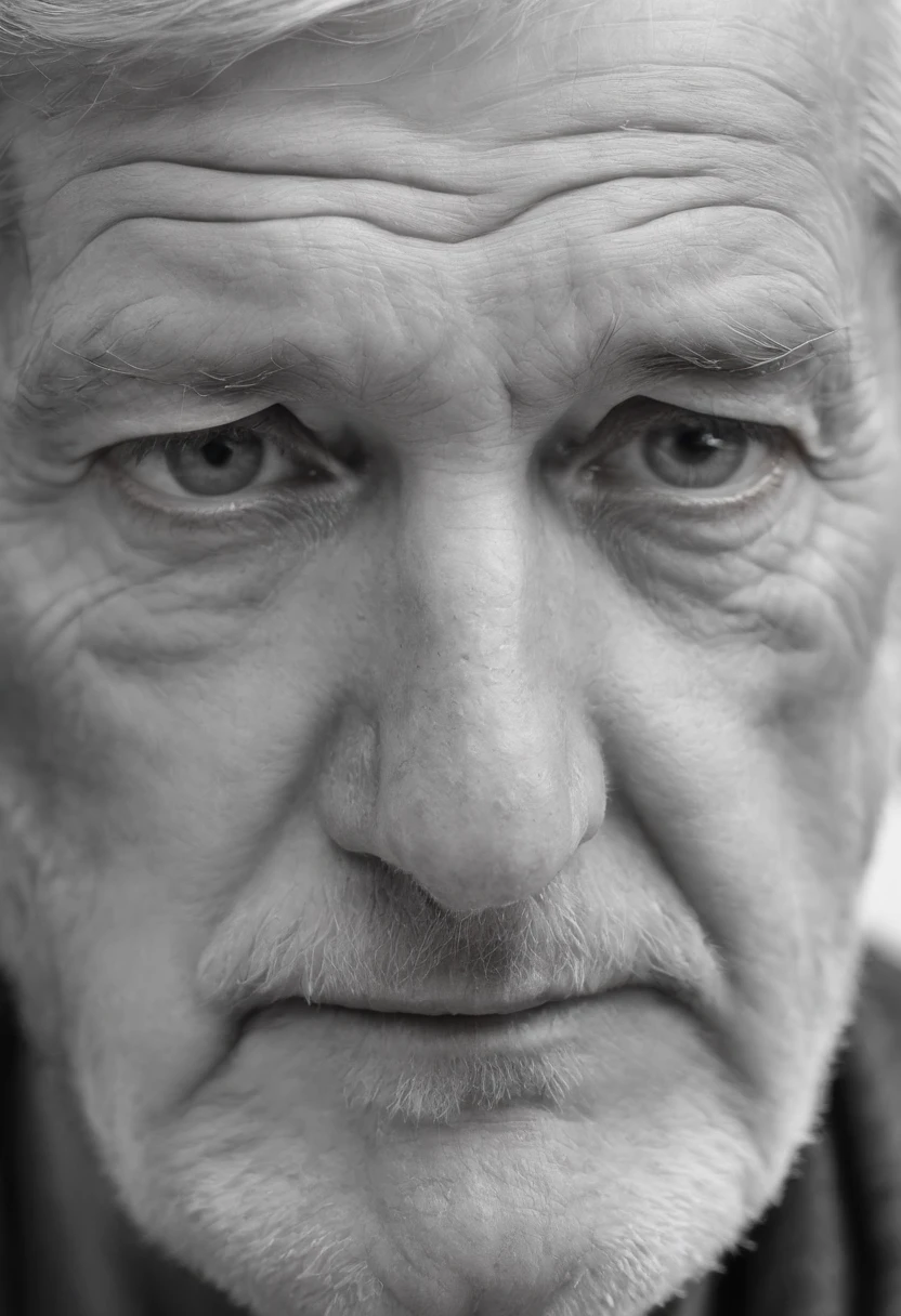 a black and white close up portrait of a elderly man's face,  eyes expressing being in a pensive and worried thought, a small tear is starting to build in his left eye