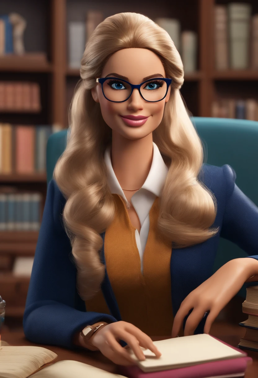 Headmaster, Authorized, Perched at Desk, at the school office, with books, Notebooks, computer, Dark and knotted hair, light skin, blue eyes, with glasses on, with a serene and happy face, Barbie style, wearing dress