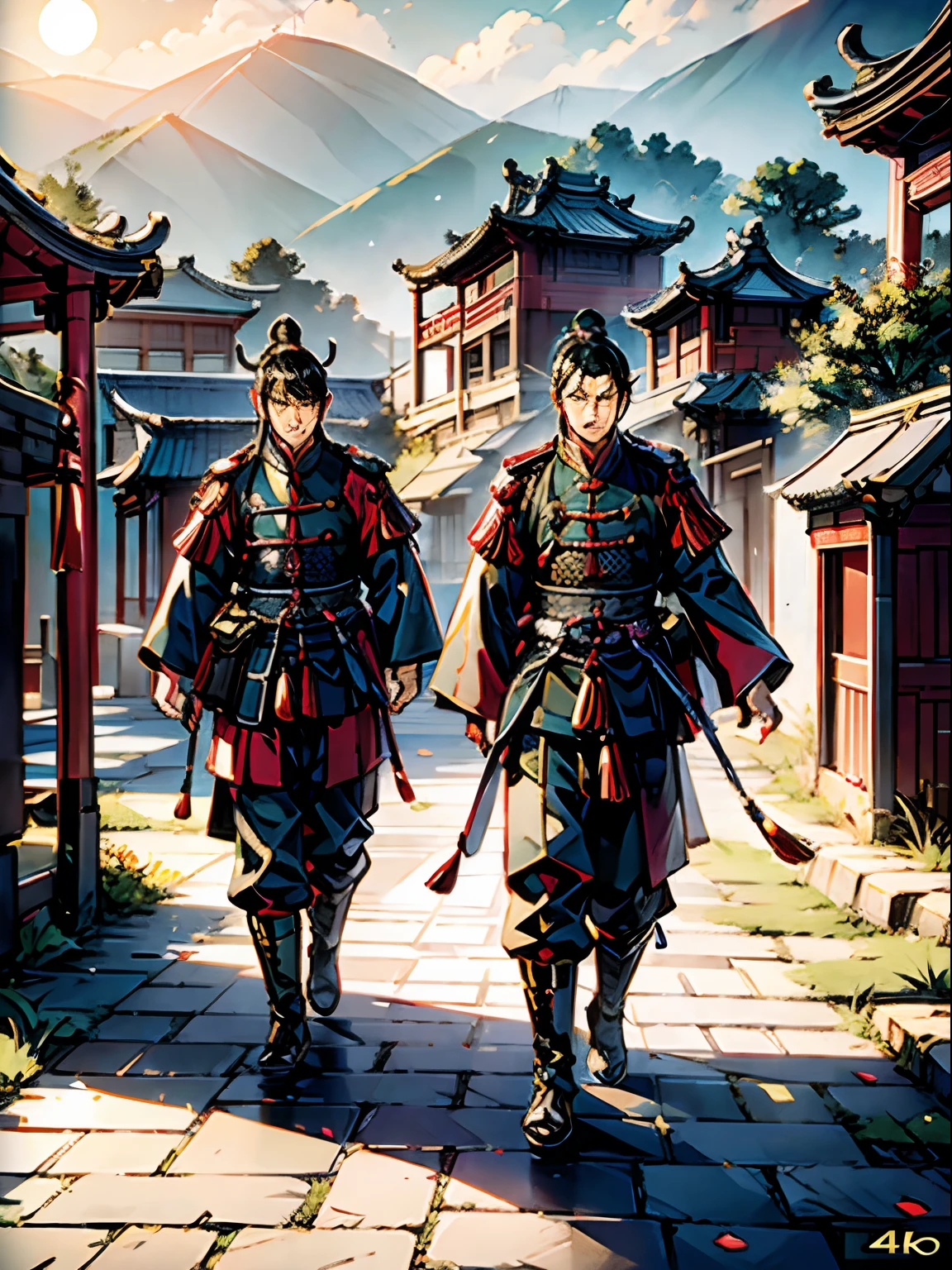 (Best quality,4K,A high resolution,Masterpiece:1.2),Two brothers,A pair of brothers,Two young men who look alike,one left and one right,Officers and soldiers attire,frontage,Town streets,Town,Young man,Commoner,brave posture,Heroic posture,forthright,illustration,Get attention.Traditional Chinese clothing,China ink painting,Chinese Ancient Times