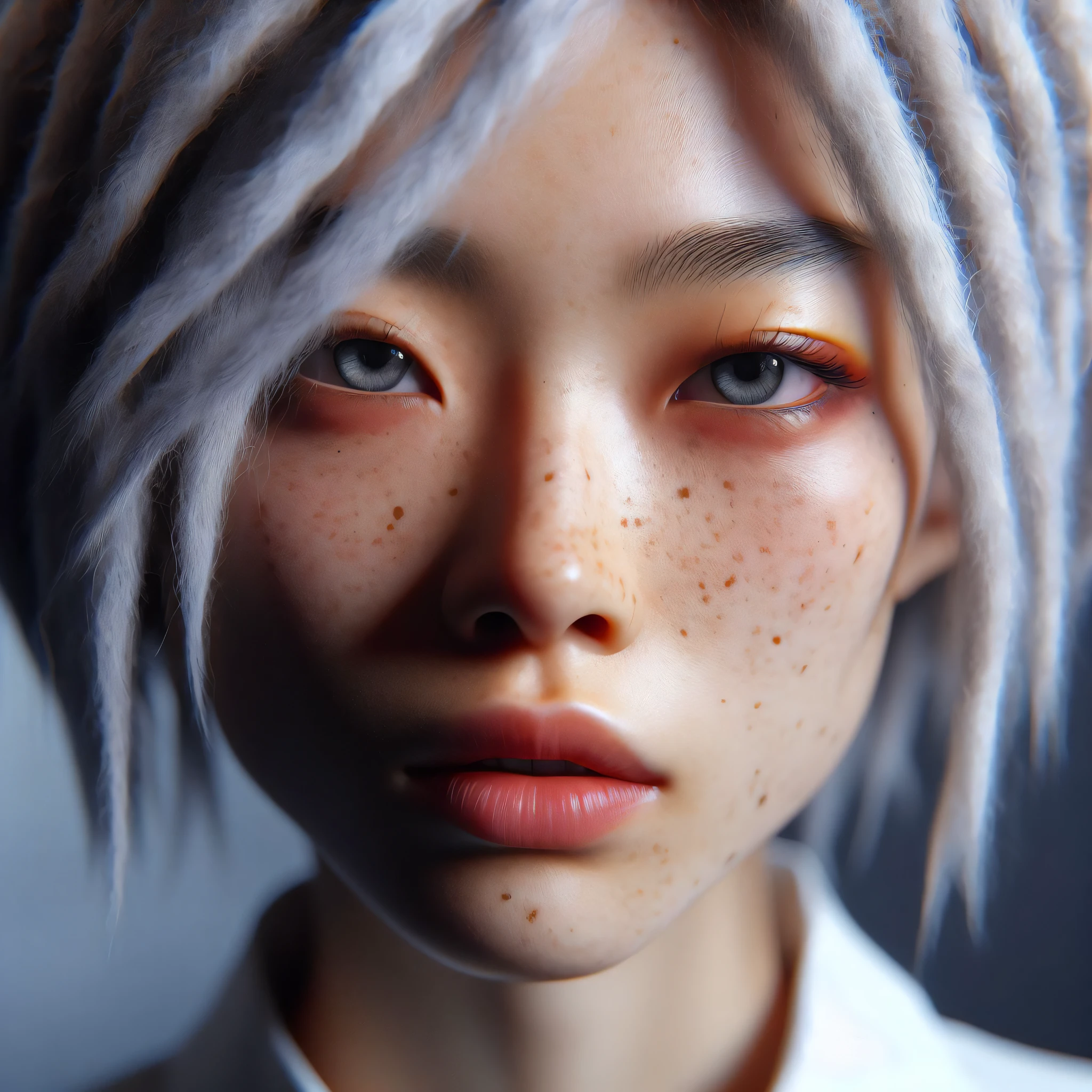 A close-up of a woman with white hair and freckles, Ultra-realistic faces, soft portrait shot 8 k, ultra realistic face, with a very detailed face, Precise and ultra-realistic faces, Ultra - realistic faces, Ultra-realistic facial details, Ultra detailed portrait, 3 d anime realistic, Detailed realistic expressions, hyper realistic anime, Detailed realistic face, Rendu portrait 8k