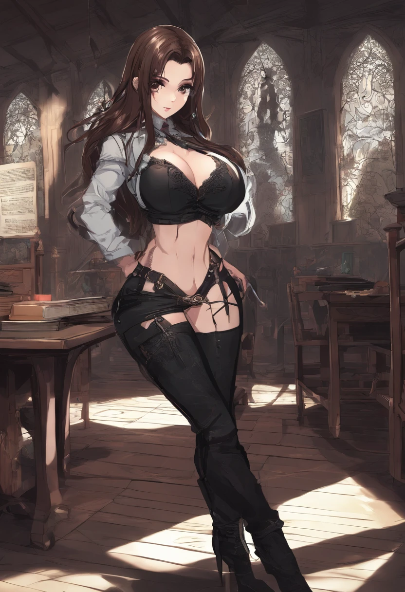 1girl, Long brown hair, (((HUGE boobs))), young, big shirt, very tight ripped jeans, classroom, ((crotch slit)), transparent shirt showing no bra, cinematic lighting, ((no panties)), brown eyes, ((heart-shaped pupils)), (((HUGE ASS))), ass ripping back of jeans