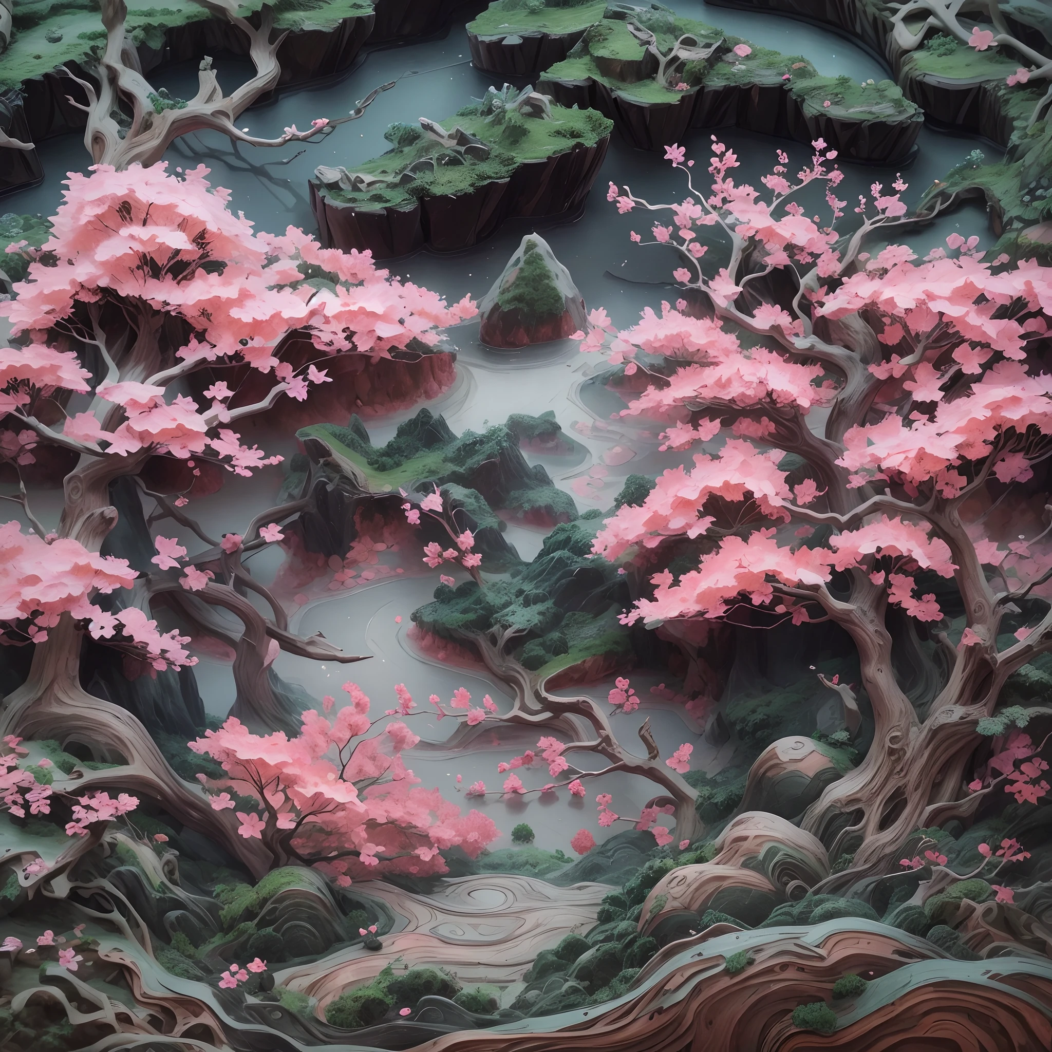 On an obsidian slab,(Paper carving):Dream peach blossom forest landscape painting