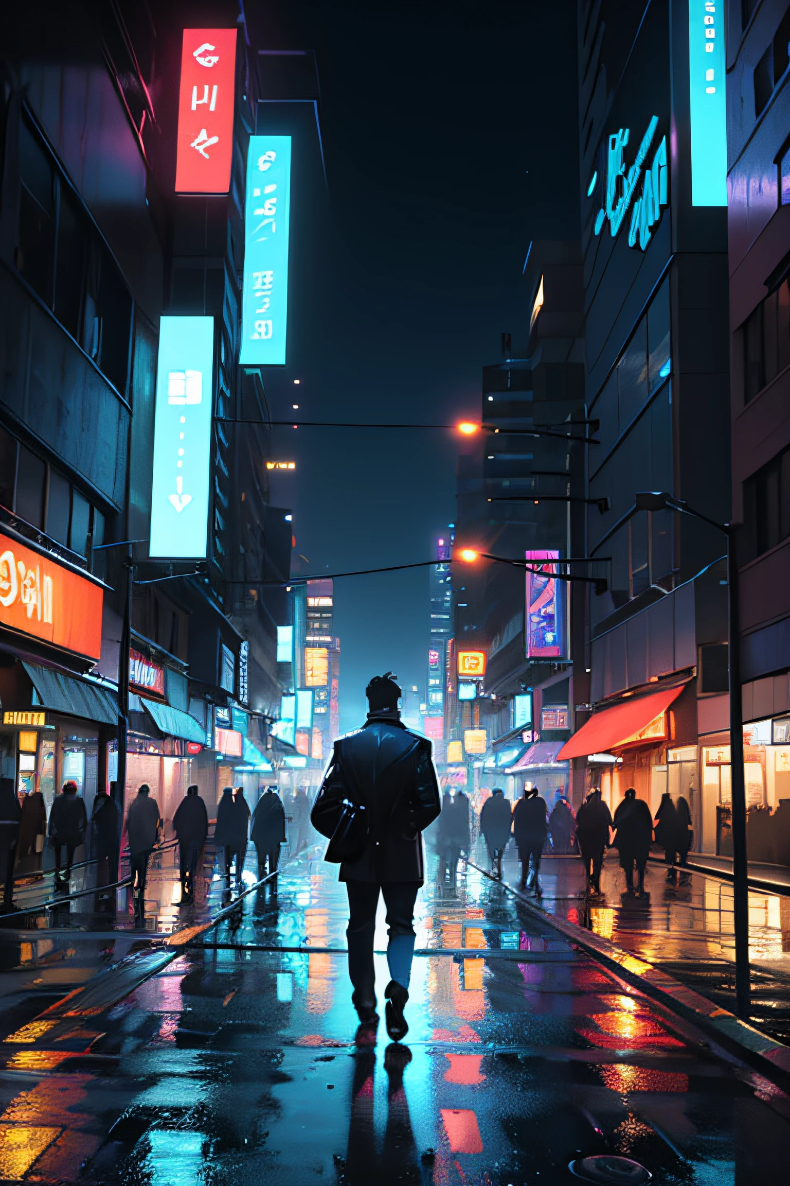 (best quality,4k,8k,highres,masterpiece:1.2),ultra-detailed,(realistic,photorealistic,photo-realistic:1.37),man walking in the middle of the city at night with vibrant city lights behind him, depth in field effect, capturing the sharp focus on the man, his figure illuminated by the surrounding neon signs, casting a dynamic and cinematic atmosphere. The cityscape portrays a bustling metropolis with skyscrapers towering above, showcasing a mix of modern architecture and colorful billboards advertising various products and services. The man is dressed in a sleek and stylish outfit, exuding confidence and sophistication, his hands casually tucked in his pockets as he strolls along the busy streets. His face is partially obscured by shadows, adding an air of mystery and intrigue. The scene is bathed in a cool color palette, with hints of blues and purples, giving a sense of the late-night atmosphere. The lighting is dramatic, with the neon lights casting vibrant glows and creating interesting reflections on the wet pavements after a recent rain. Overall, the artwork captures the energy and allure of a nocturnal urban environment, evoking a sense of adventure and possibility.
