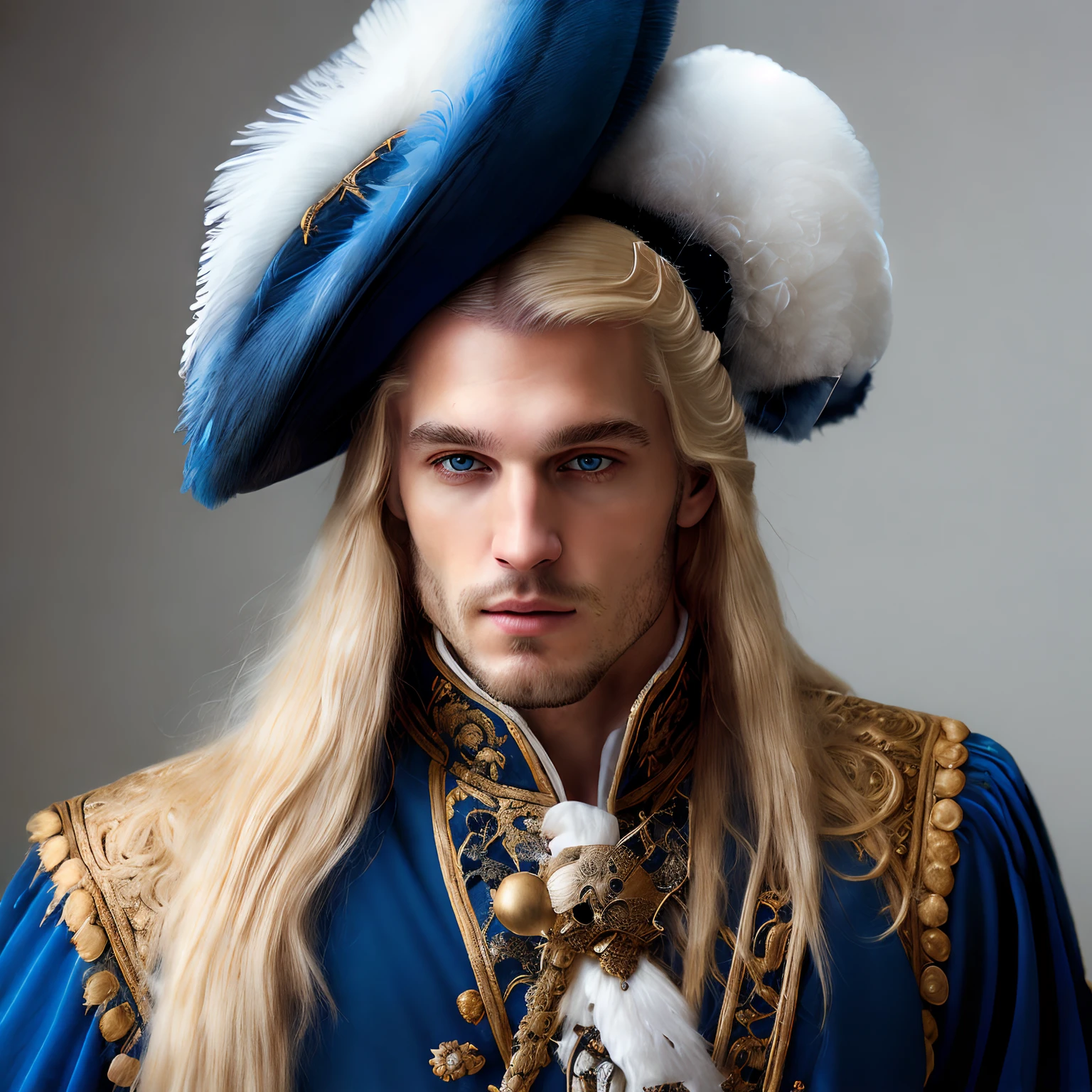 Portrait of a white man with shoulder-length blonde hair, il porte un uniforme de mousquetaire noir. Il a un air de pirate. Un visage masculin. Des yeux bleu. On his head, a feathered hat