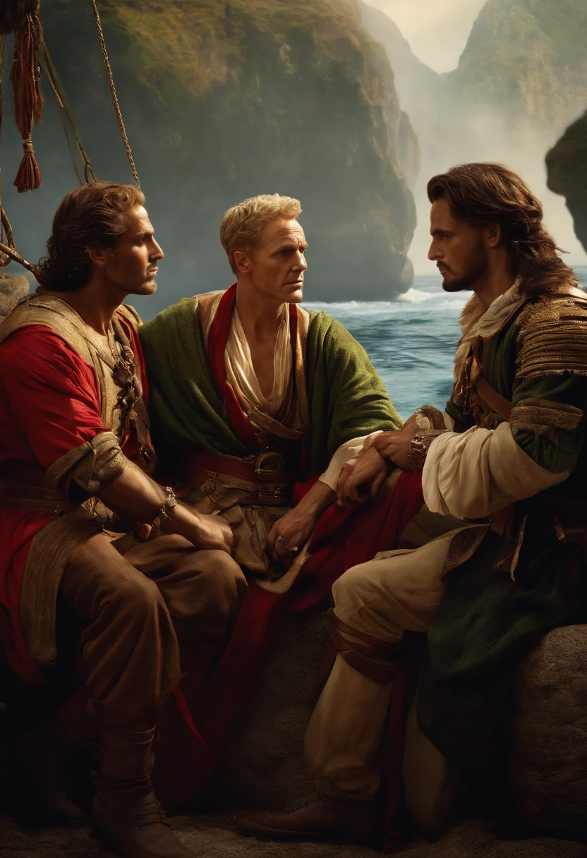 Julius Caesar sitting with two pirates looking at them
color realistc