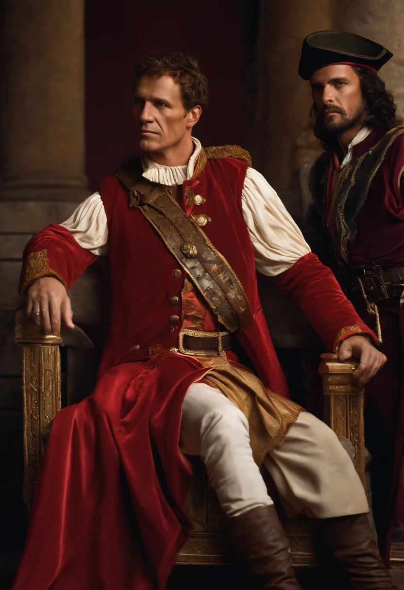 Julius Caesar sitting with two pirates looking at them
color realistc