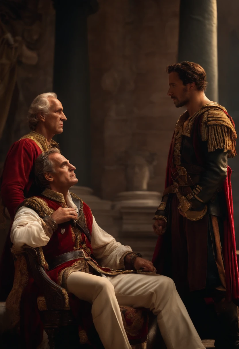 Julius Caesar sitting with two pirates looking at them
color realistc