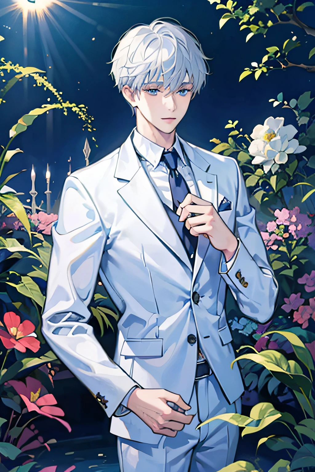 1boy, white short hair, wearing a full suit, blue eyes, night, outside, garden, HD, high res, looking at viewer, high quality