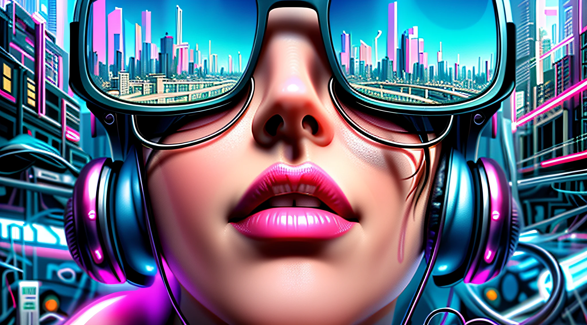 A woman with headphones and sunglasses in a futuristic city, Estilo de arte cyberpunk, Estilo de arte futurista, cyberpunk vibes, Arte cyberpunk, cyberpunk cores vibrantes, cyberpunk themed art, advanced digital cyberpunk art, Estilo de arte cyberpunk, 3d arte digital 4k, sombreamento futurista, mas colorido, Arte futurista, no estilo cyberpunk, cyberpunk illustration, style hybrid mix of beeple, Arte Digital 4K