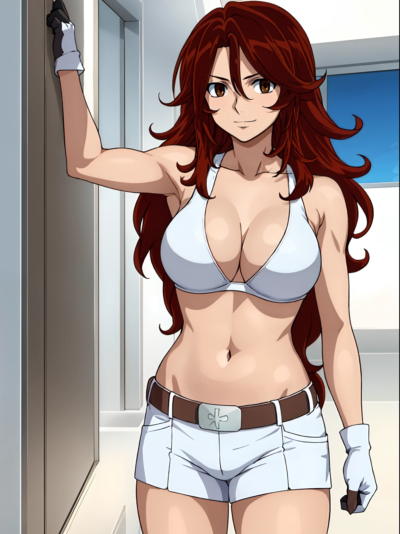 Flexing arm muscles, Karate stance, ((standing)), Best Quality, hires, full body view, curvy midsection, (tilt head, defined weak muscles, detailed muscles), smile, kind face), upper body only, anime style: 1.8, anime drawing, ultra detailed face, ultra detailed body, 4k, Sumergai Lee Noriega, karate stance, best quality, anime style, hires, highest definition, digital blending, bold drawing lines, (((White Background))), ( (defined muscles), long belly, slim body, ((strong arm muscles)), broad shoulders , off-shoulders, closed fists, (two bras, shorts, white gloves, , arm band, white boots, (champion belt))), (large breasts, defined cleavage, closed mouth, big bellybutton, shiny skin, thighs), (big eyes, brown eyes, shiny eyes), (reddish hair, loose hair, curly hair, wavy hair, long hair, floating hair)