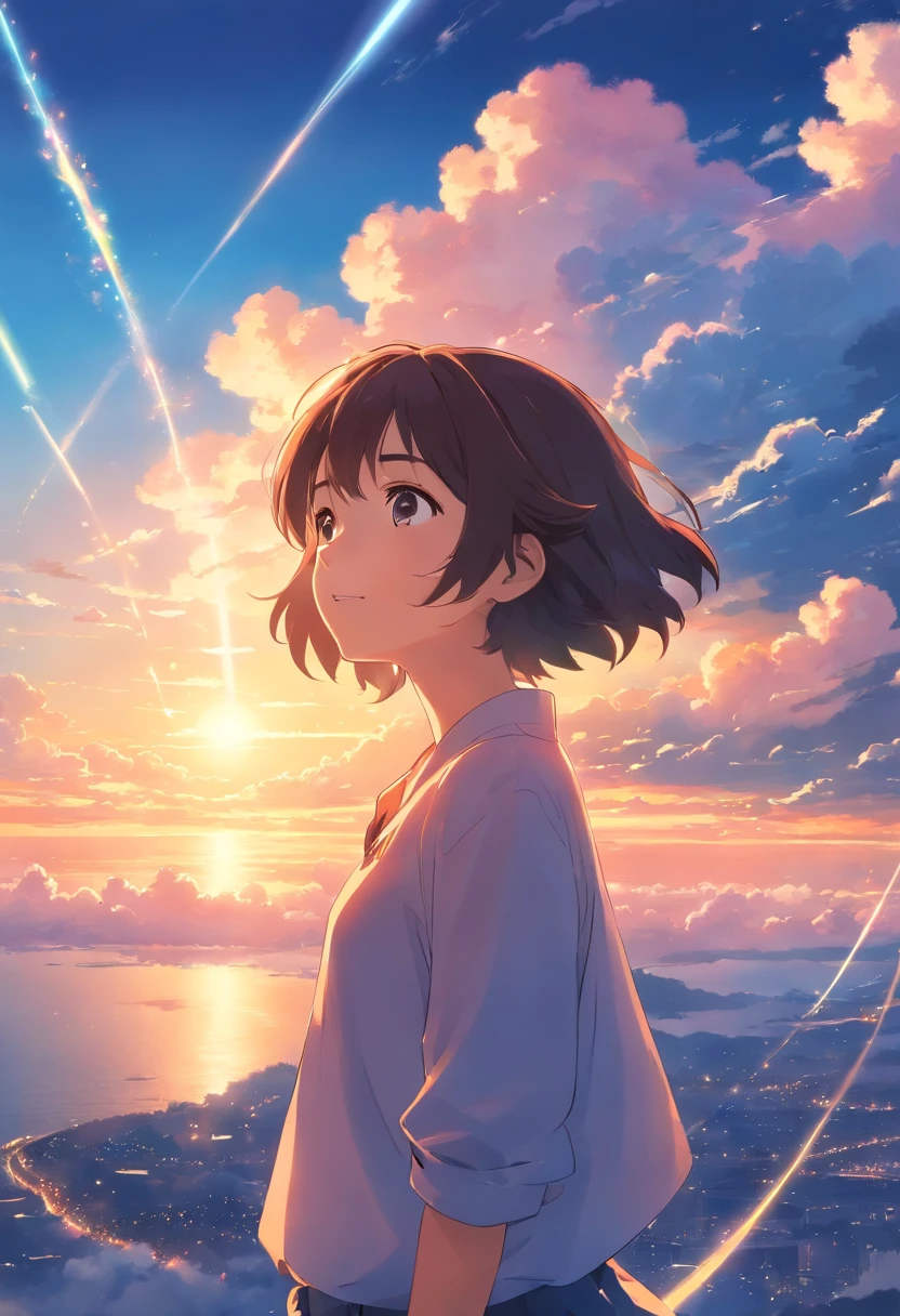 masterpiece, best quality, movie still, 1girl, cloud girl, floating in the sky, close-up, bright, happy, warm soft lighting, sunset, (sparks:0.7)