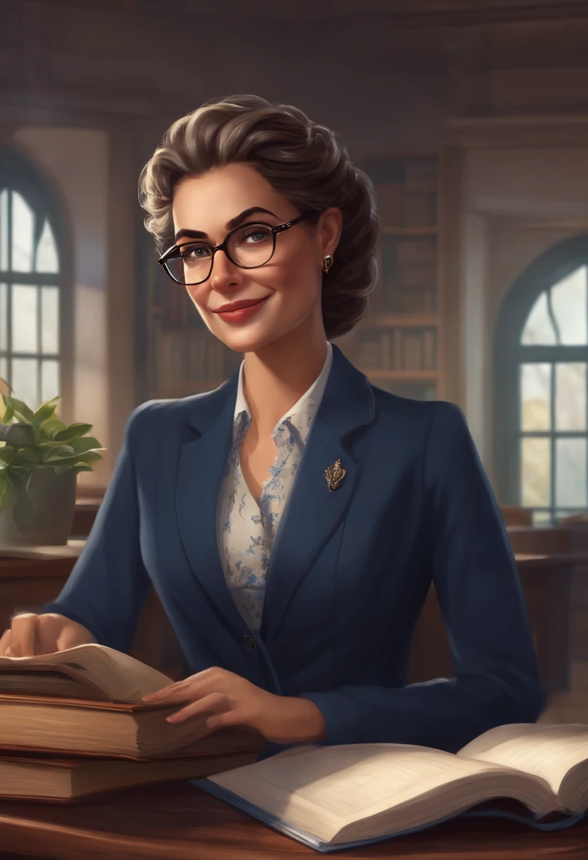 Headmaster, Authorized, Perched at Desk, at the school office, with books, Notebooks, computer, Dark and knotted hair, light skin, blue eyes, with glasses on, with a serene and happy face,In a dress