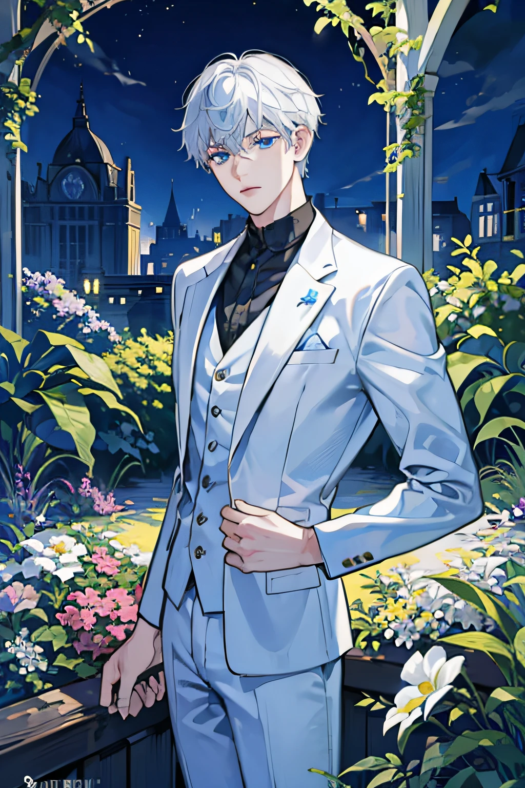1boy, white short hair, wearing a full suit, blue eyes, night, outside, garden, HD, high res, looking at viewer, high quality