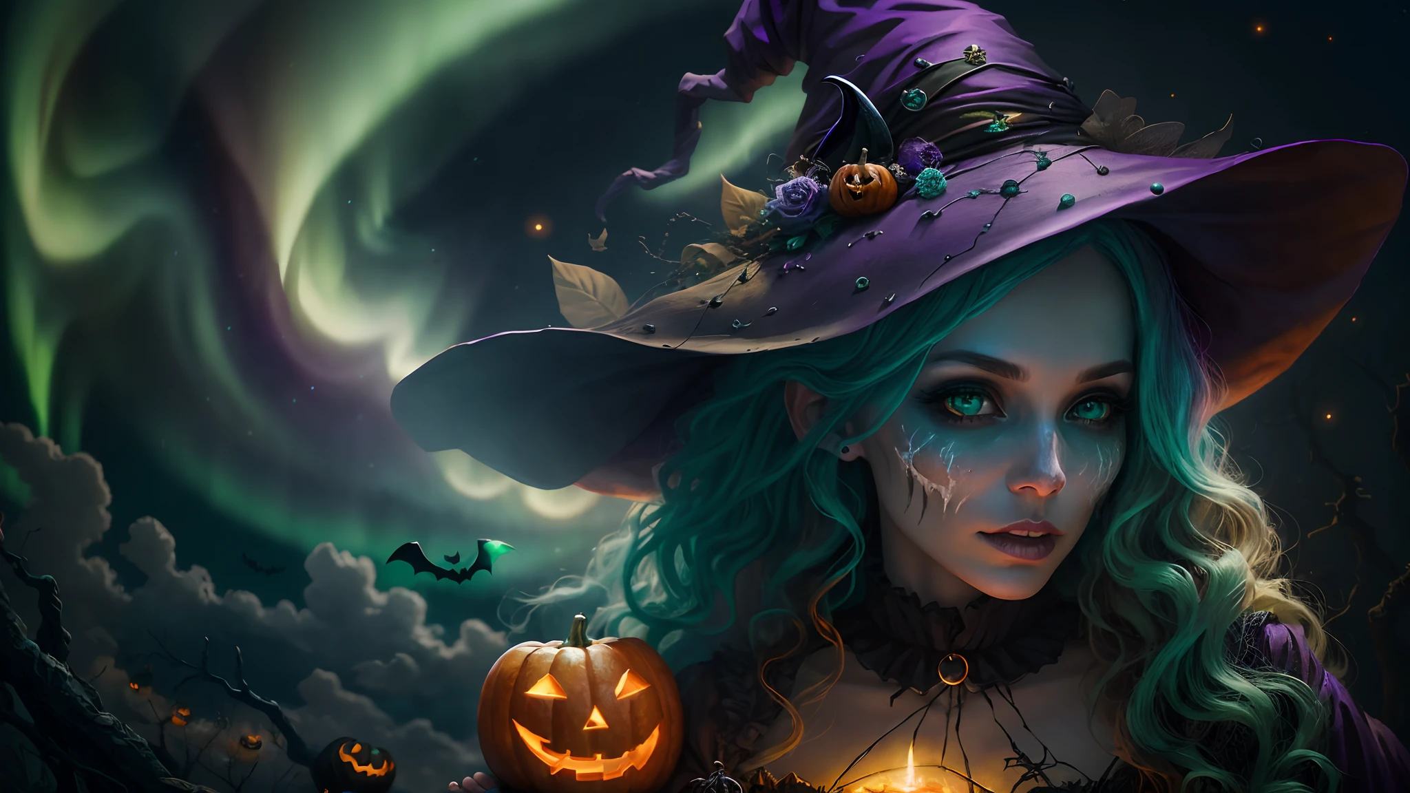 halloween witch halloween witch halloween halloween halloween witch, in the style of photobashing, colorful neo-romanticism, emerald, melting pots, realistic oil paintings, aurorapunk, photo montage  photorealistic, RAW photo, 8k, high quality --auto --s2