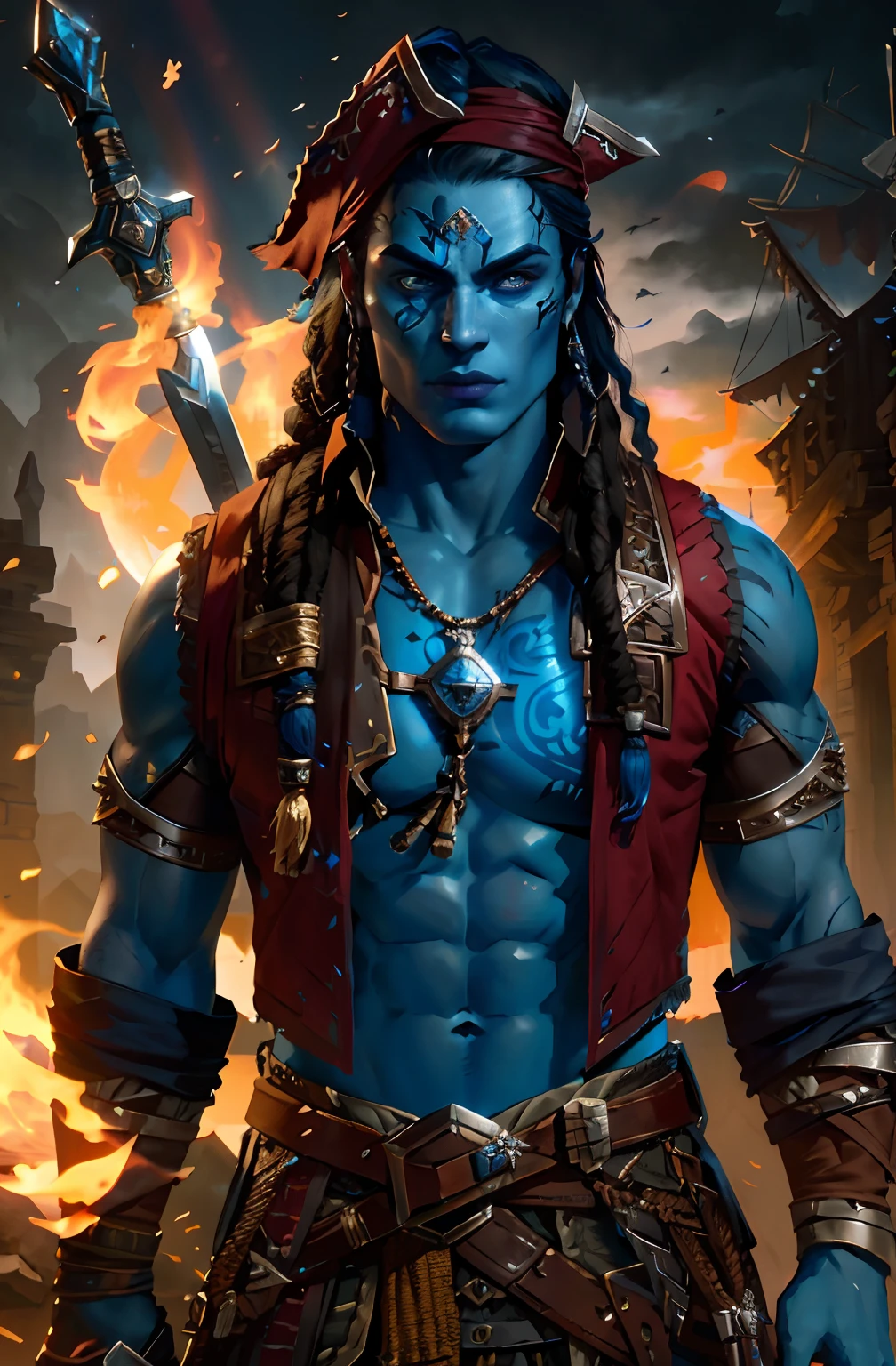 Fantasy, Muscular Man with Sword Behind His Back, blue skin and blue face, red vest, Leather Bracers, Compass around the neck, Dark Pirate Dreadlocks, dark tattoo on the face, brown eye, highly detailed vfx portrait of, dark fantasy mixed with realism, Photos in RAW and 35mm format, Rich, Deep Colours, (intricate details:0.9), (HDR, hyper-detailing:1.2), (natural skin textures, hyper realisitc, soft light, Sharp),