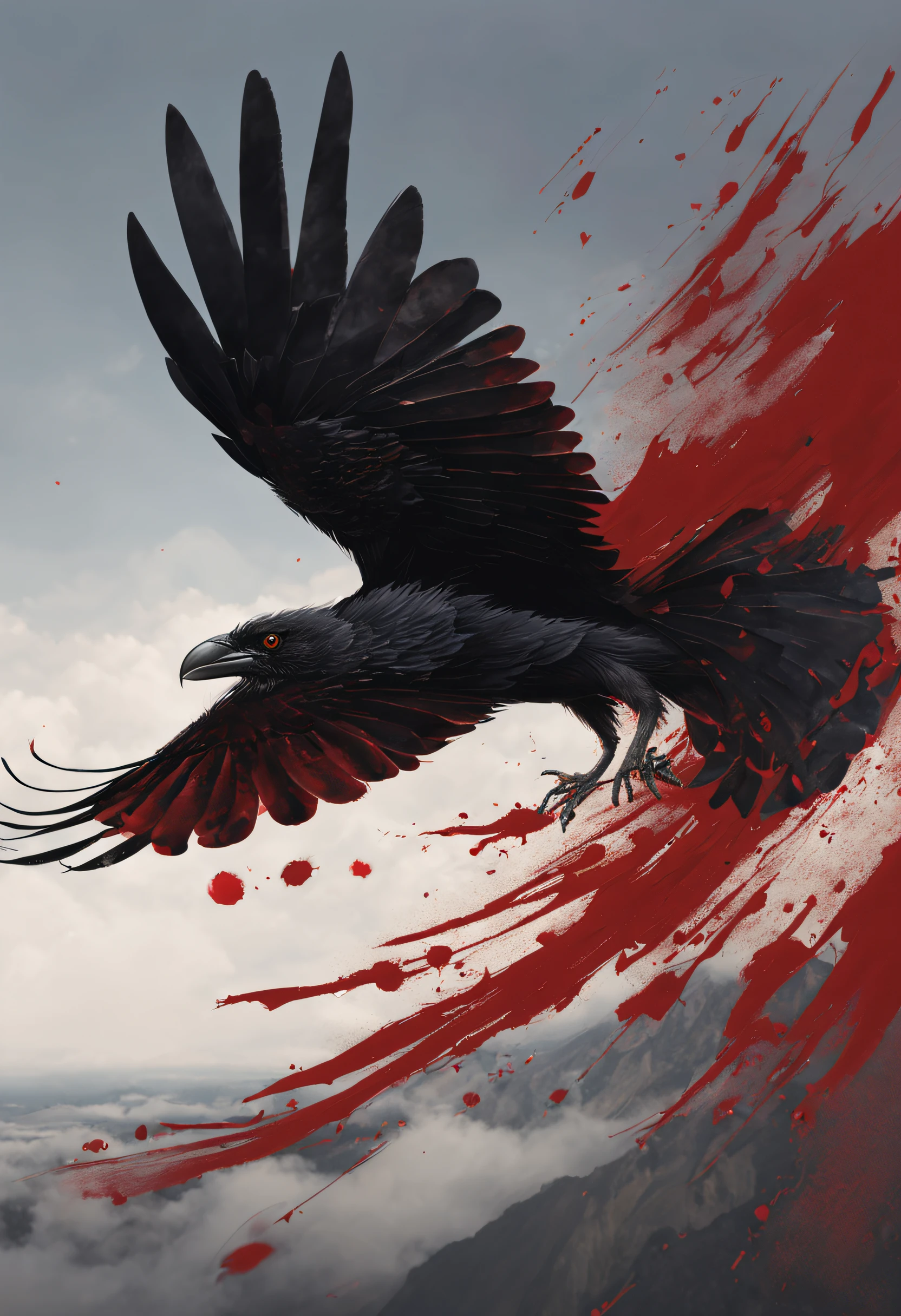 Red-eyed raven soaring to the skies with blood on its feathers