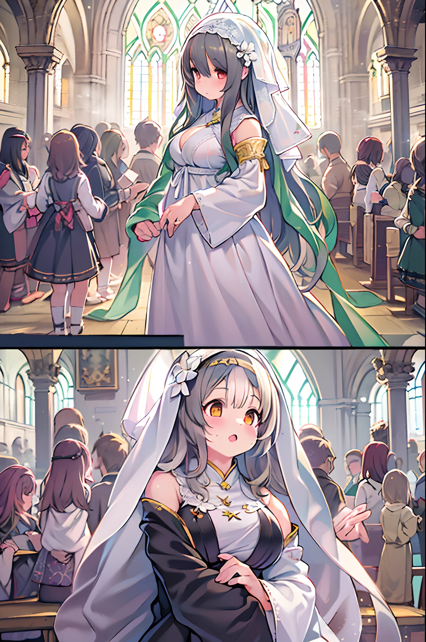 High resolution, Best Quality, masutepiece, Ultra high definition, Ultra high definition, A hyper-realistic,。.3D, Anime, Illustration, In a church、wedding hall、Two women in wedding dresses、2girls,girl1:bbw、adolable,Black hair,Bob-cut hair,rcasual、Kisses and hugs、stare、weddingdress、Girl 2:adolable,A pink-haired,Long grey hair,rcasual。Kisses and hugs、stare、weddingdress