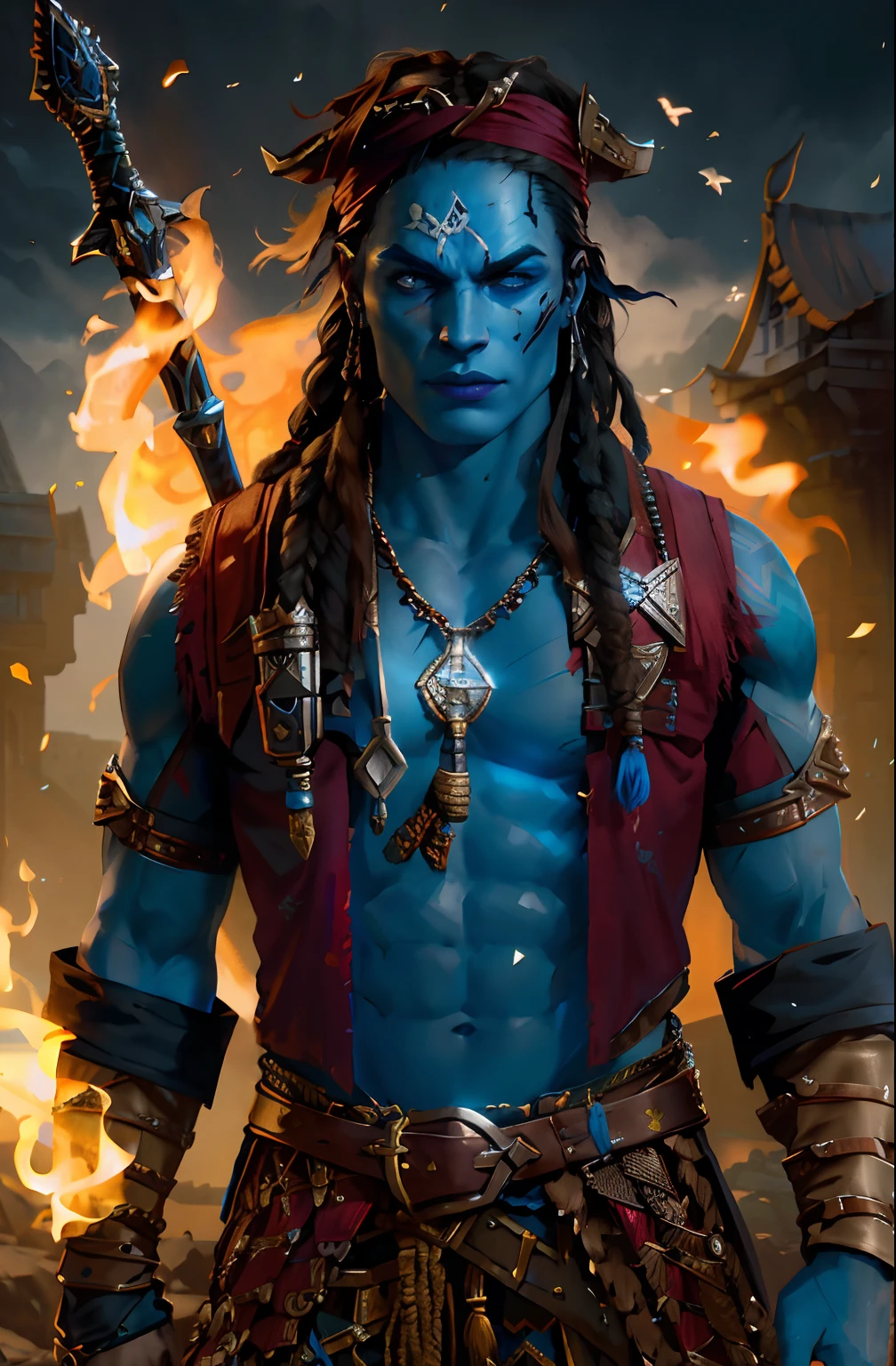 fantasy, Muscular Man with Sword Behind His Back, blue skin and blue face, red vest, Leather Bracers, Compass around the neck, Dark Pirate Dreadlocks, dark tattoo on the face, highly detailed vfx portrait of, dark fantasy mixed with realism, Photos in RAW and 35mm format, Rich, Deep Colours, (intricate details:0.9), (HDR, hyper-detailing:1.2), (natural skin textures, hyper realisitc, soft light, Sharp),