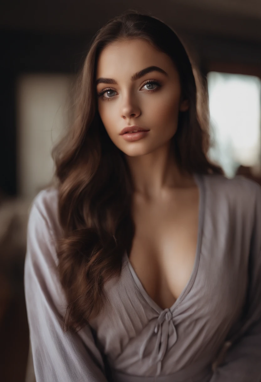 closeup picture of the face, sexy girl with brown eyes, portrait sophie mudd, brown hair and large eyes, selfie of a young woman, bedroom eyes, violet myers, without makeup, natural makeup, looking directly at the camera, face with artgram, subtle makeup, in bedroom, cleavage