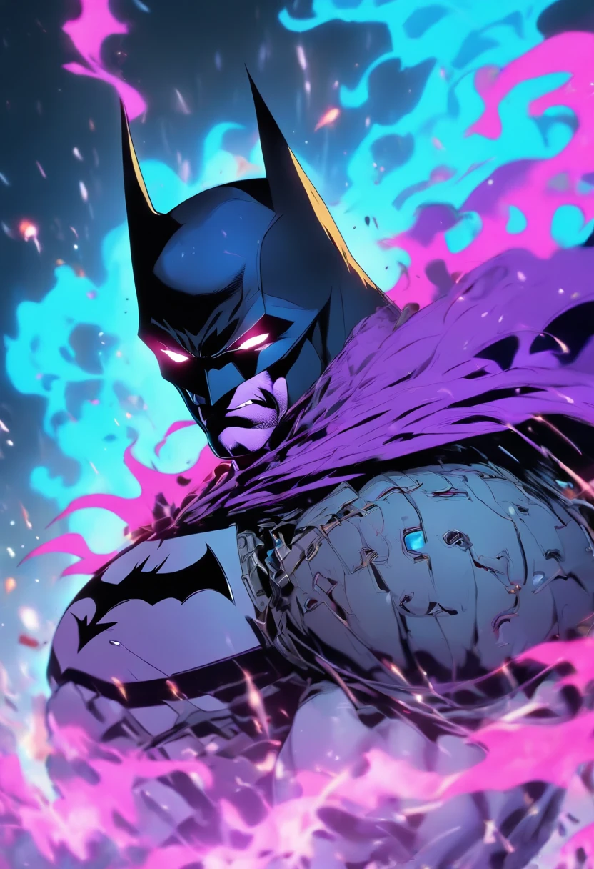 Batman fused with guts, dynamic dramatic scene,Modern line icon, powerful, ice blue skin, ancient sword, ancient armor, diablo 4 art style, bold silhouette, exaggerated lines, bold colors, bursts of purple flames, bursts of purple flames, afterimage, trendy doodle style, smoke, white background - niji 5