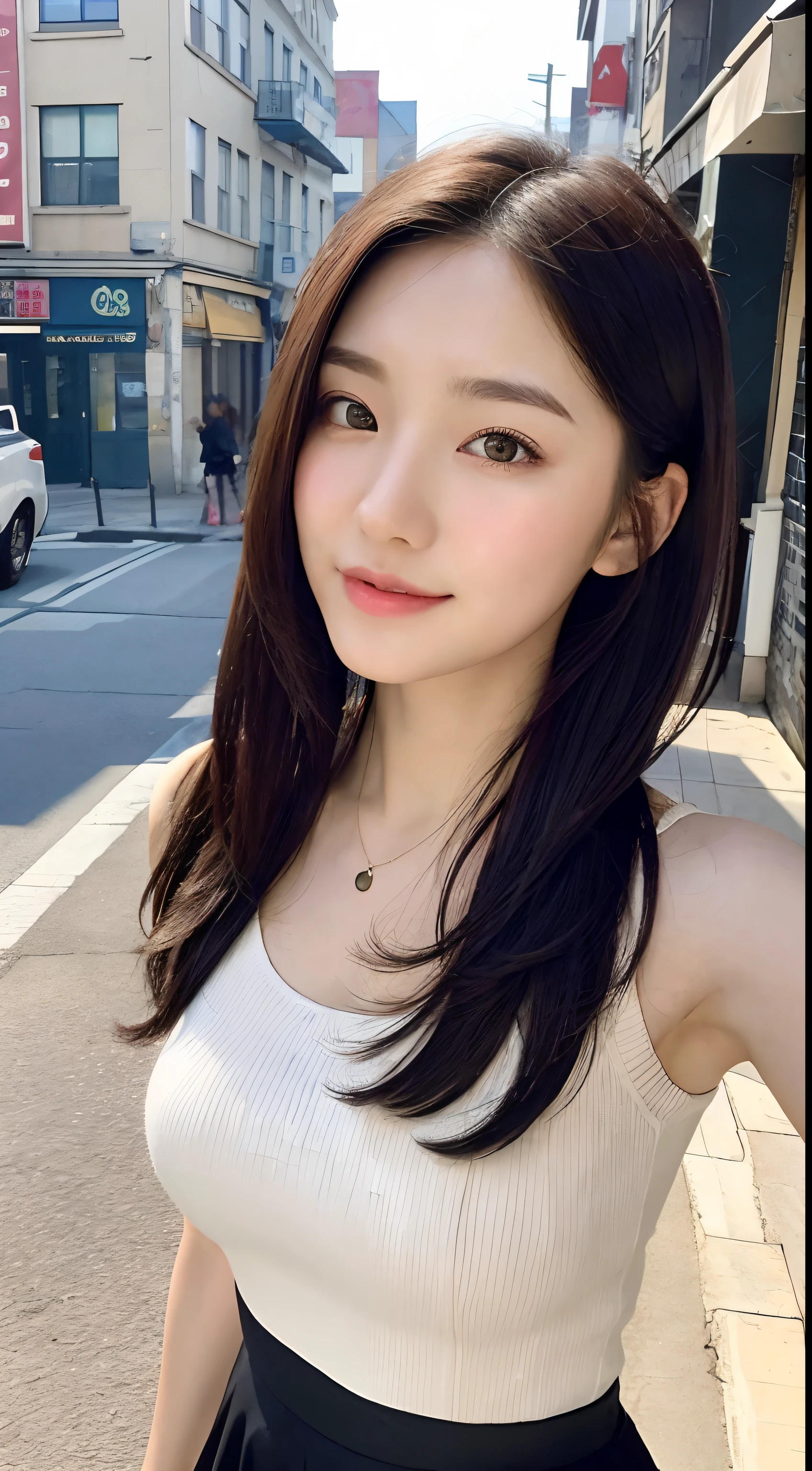masutepiece, Best Quality, Illustration, Ultra-detailed, finely detail, hight resolution, 8K Wallpaper, Perfect dynamic composition, Beautiful detailed eyes, Winter dress,Medium Hair, Small breasts, Natural Color Lip, Random and sexy poses,Smile,Big city、A 23-year-old girl、Midnight、beautifull detailed face、Perfect and beautiful face,Big eyes
