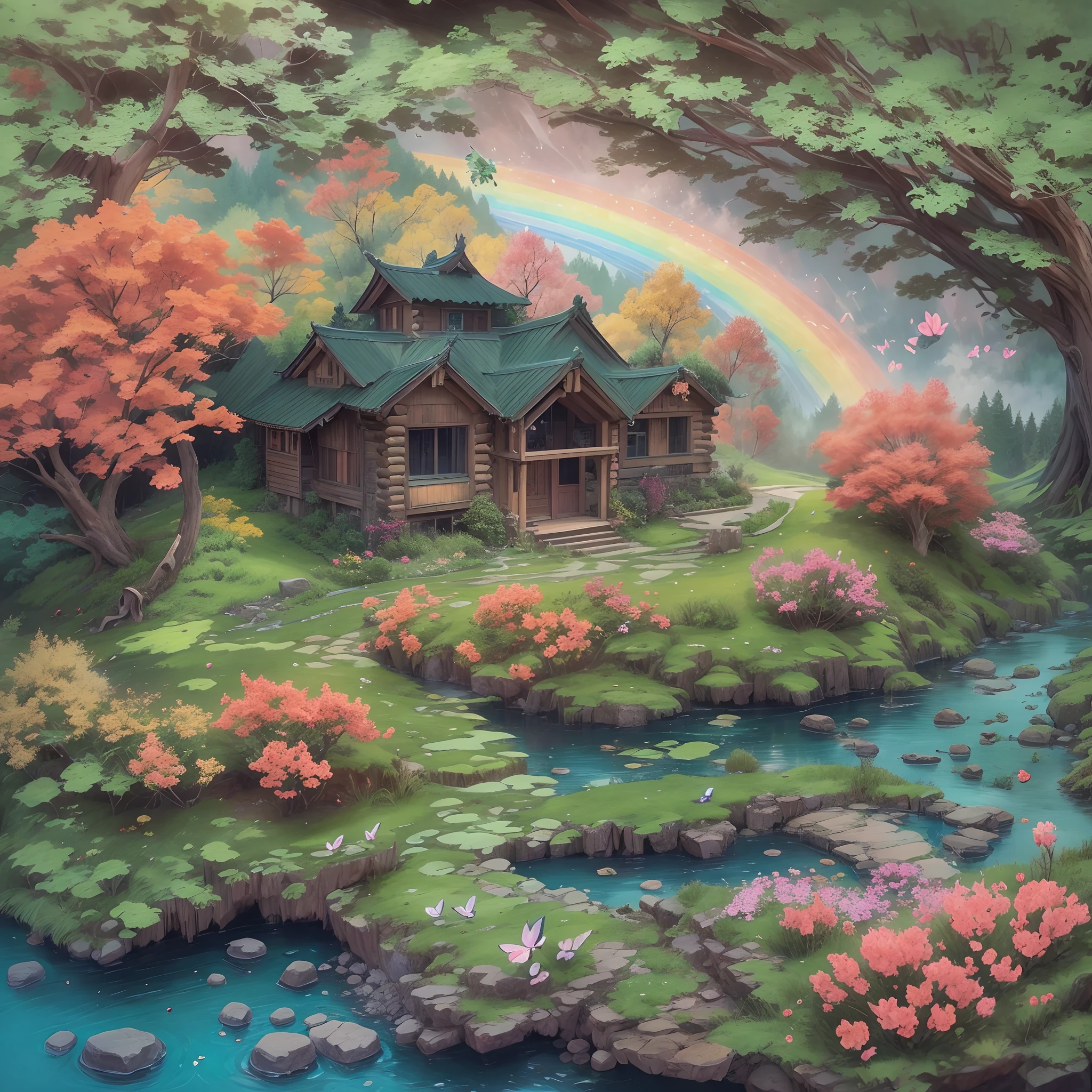 On an obsidian slab,((Paper carving)):Rose garden,rainbow in the sky,(depth of fields),Light,Mist,log cabin,the cherry trees,Ethereal atmosphere,Vibrant colors,cinematic compositions,dream magical,hoang lap,Particle effect,diffused reflections,(mont),waterfallr,butterfliesdancing,Dreamy and whimsical,(landscape painting).
