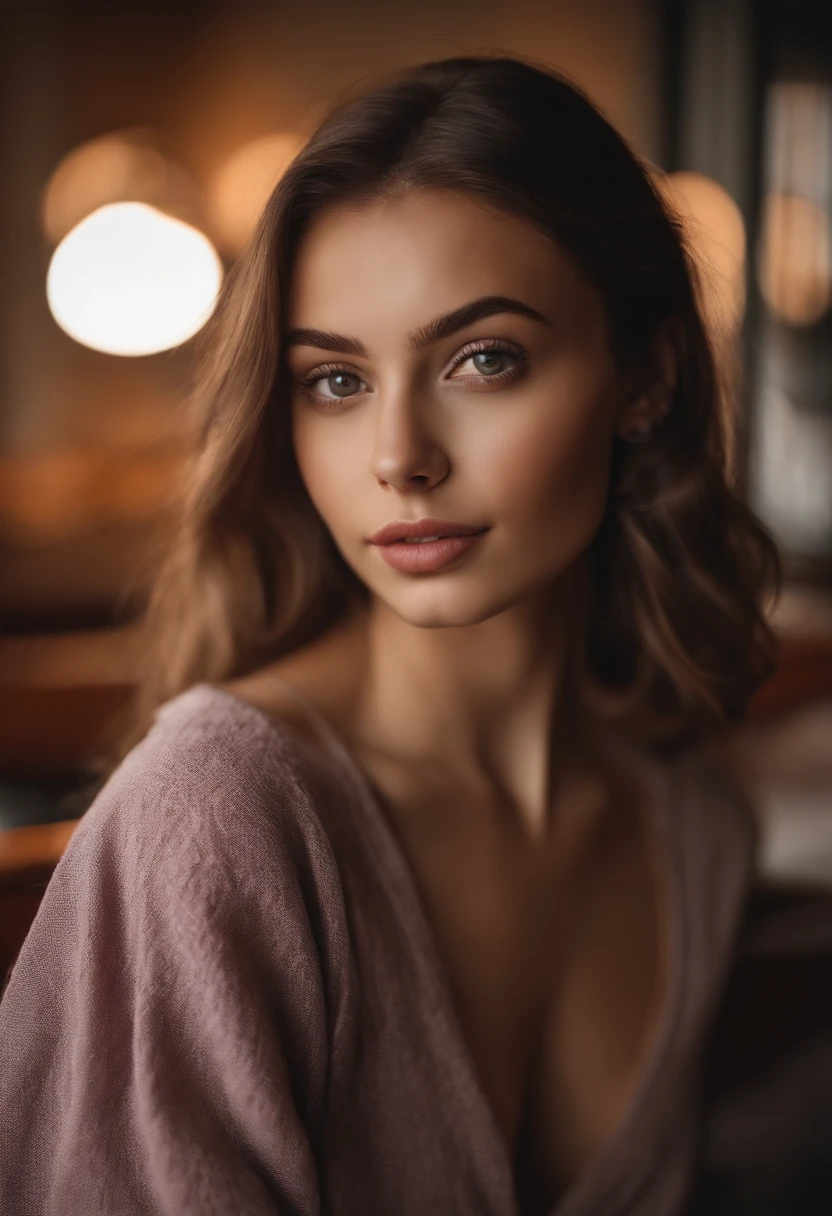 arafed woman ???????, sexy girl with brown eyes, portrait sophie mudd, brown hair and large eyes, selfie of a young woman, bedroom eyes, violet myers, without makeup, natural makeup, looking directly at the camera, face with artgram, subtle makeup, stunning full body shot, in a restaurant