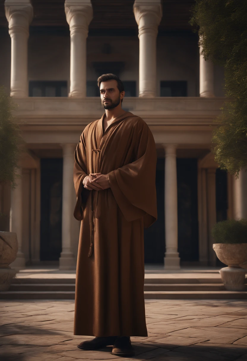 a man dressed in a brown robe standing in front of a building, a character portrait by Abdullah Gërguri, cg society contest winner, photorealism, rendered in unreal engine, unreal engine 5, daz3d