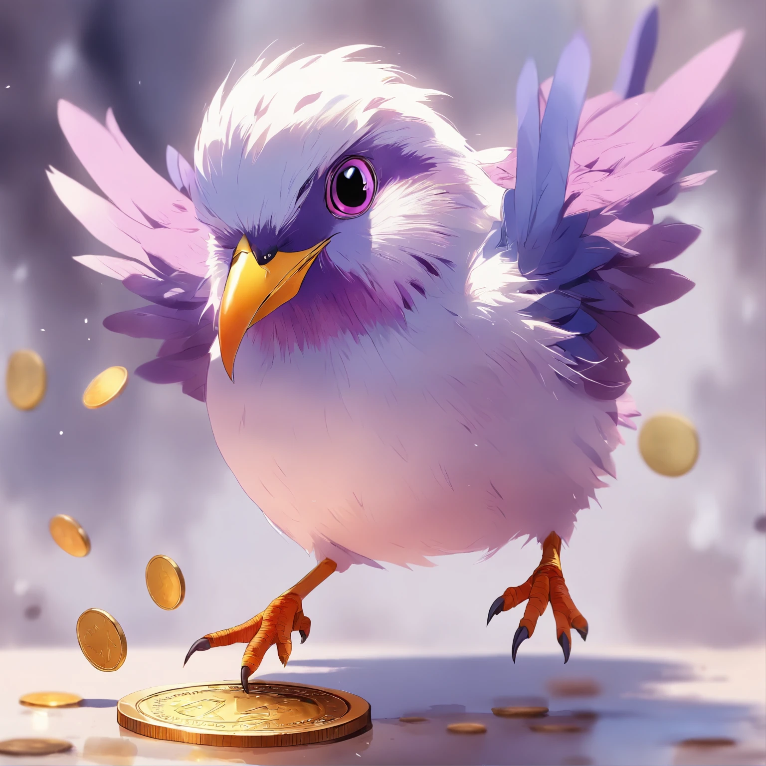 White background. 1 purple bird holding a coin. Full body, watercolor, all details, 3d, highest standard quality