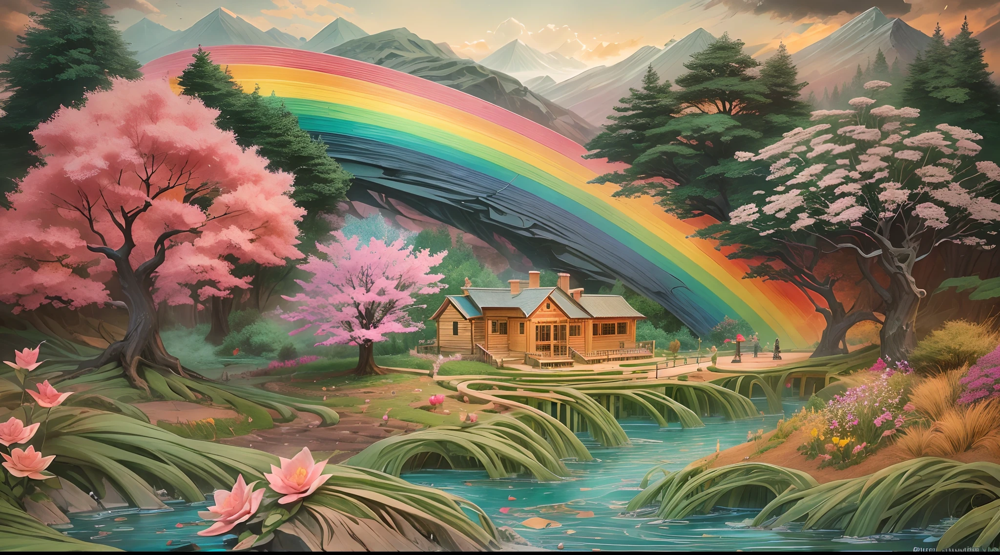 On an obsidian slab,((Paper carving:))Rose garden，rainbow in the sky，(depth of fields)，Light，Mist，log cabin,the cherry trees，Ethereal atmosphere,Vibrant colors,cinematic compositions，dream magical，hoang lap，Particle effect，diffused reflections，(mont)，waterfallr，butterfliesdancing,Dreamy and whimsical,(landscape painting).