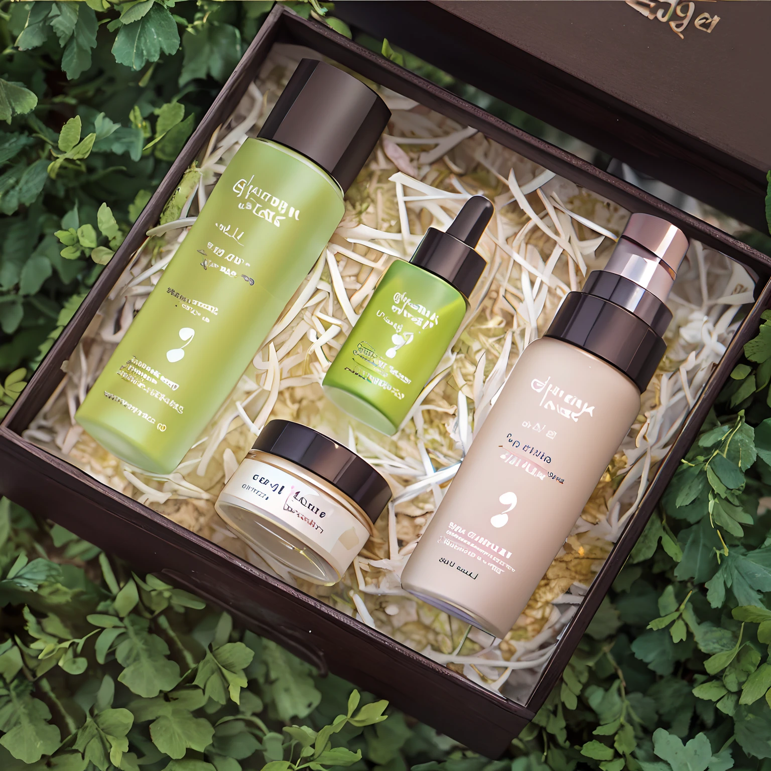There are three bottles of skincare products in one box, gulper eel, Skincare, Product photo, geeen skin, skin care, ji-min, ƒ5.6, product image，The background is greenery，Overhead shot，Highlight products out of the green environment，Fresh and comfortable picture。